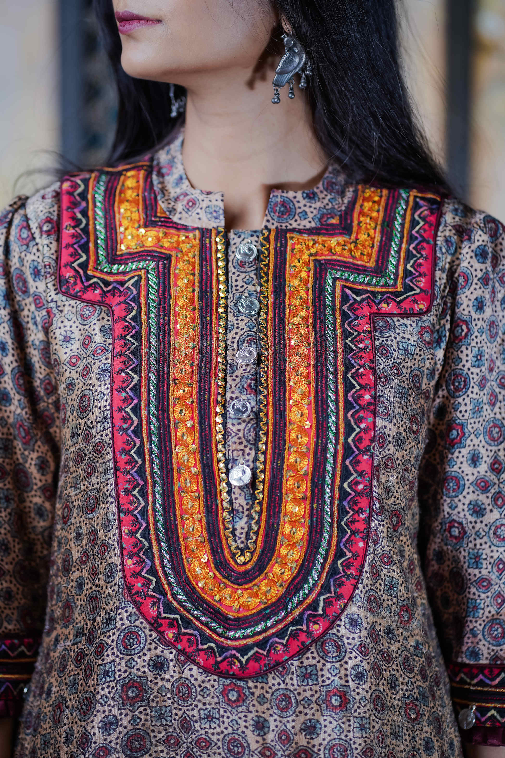 Ajrak Kurti Set in Earth Tones with Embroidery and Buttoned Neckline