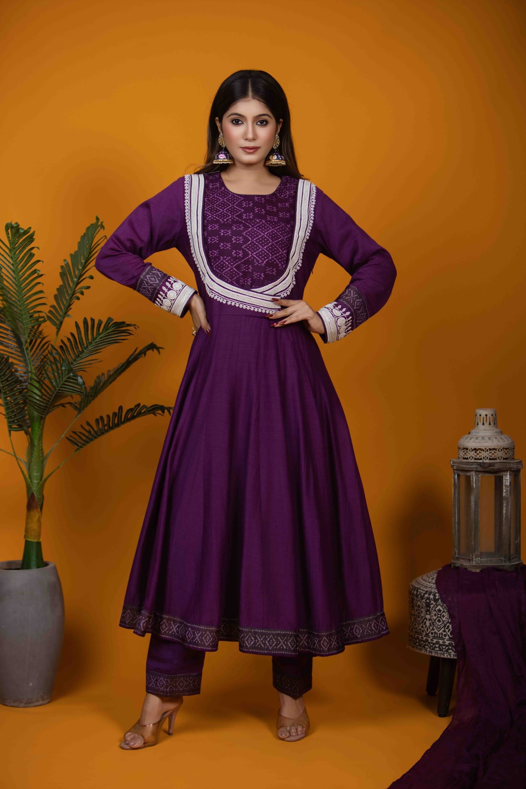 Purple Anarkali Set - Embroidered Monga Silk with Ikkat Detailing