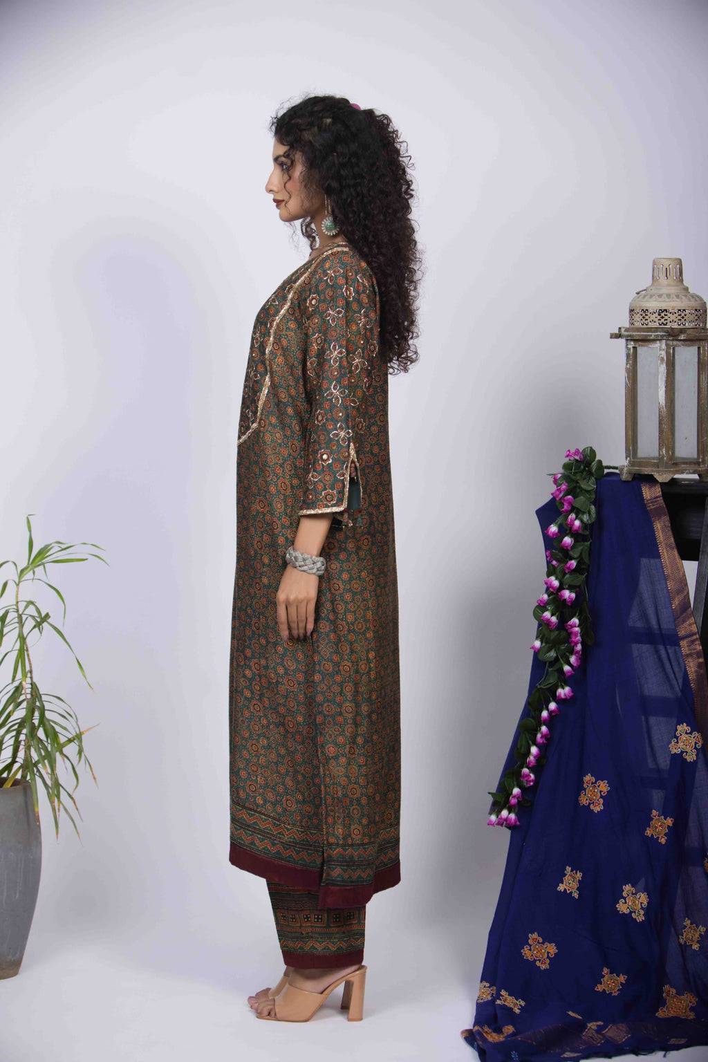 Green Ajrakh Kurta with Intricate Pita Work & Bell Sleeves