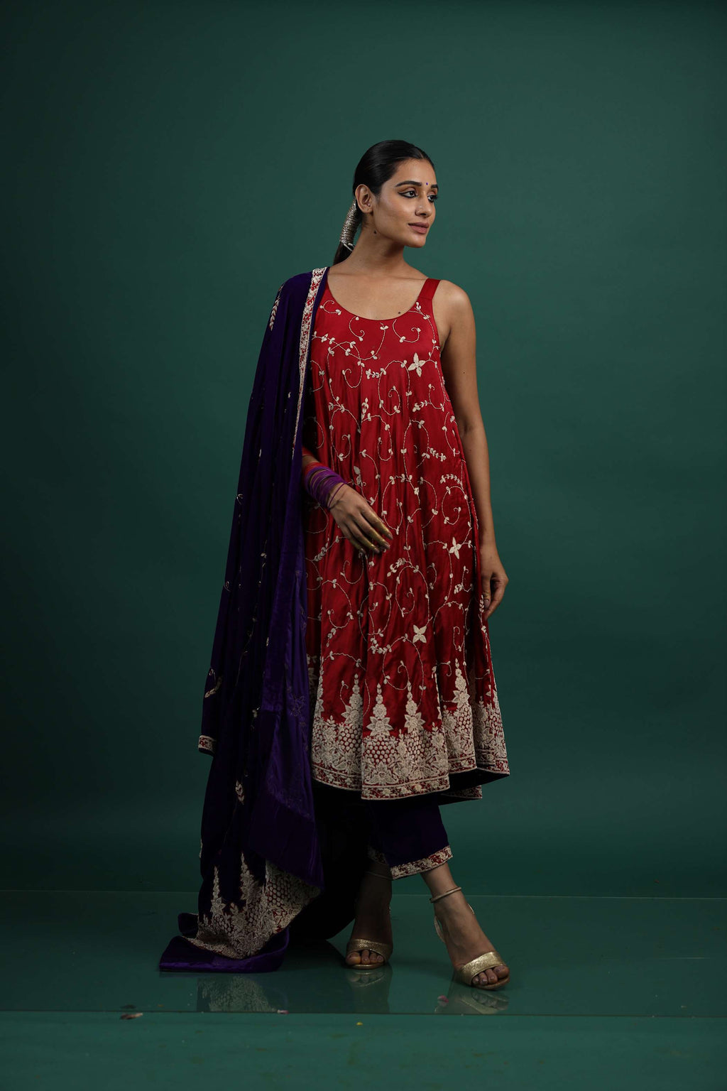 Red Kurti with Intricate Ivory Embroidery and Flowing Dupatta