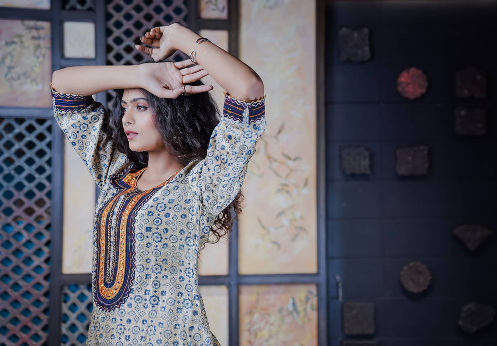 Ajrak Kurti Set in Blue & Ivory with Embroidered Neckline