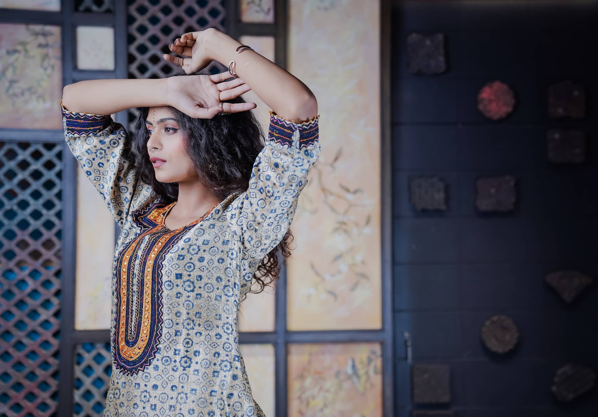 Ajrak Kurti Set in Blue & Ivory with Embroidered Neckline