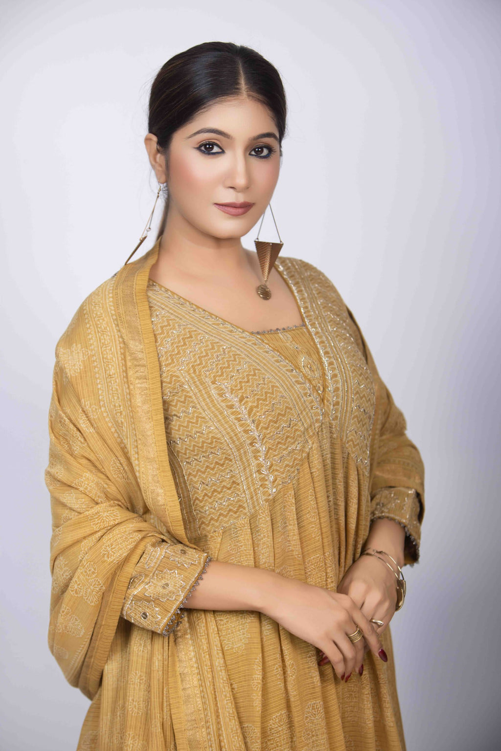 Yellow Ajrakh Block Print Kurta Set with Pita Work & Dupatta