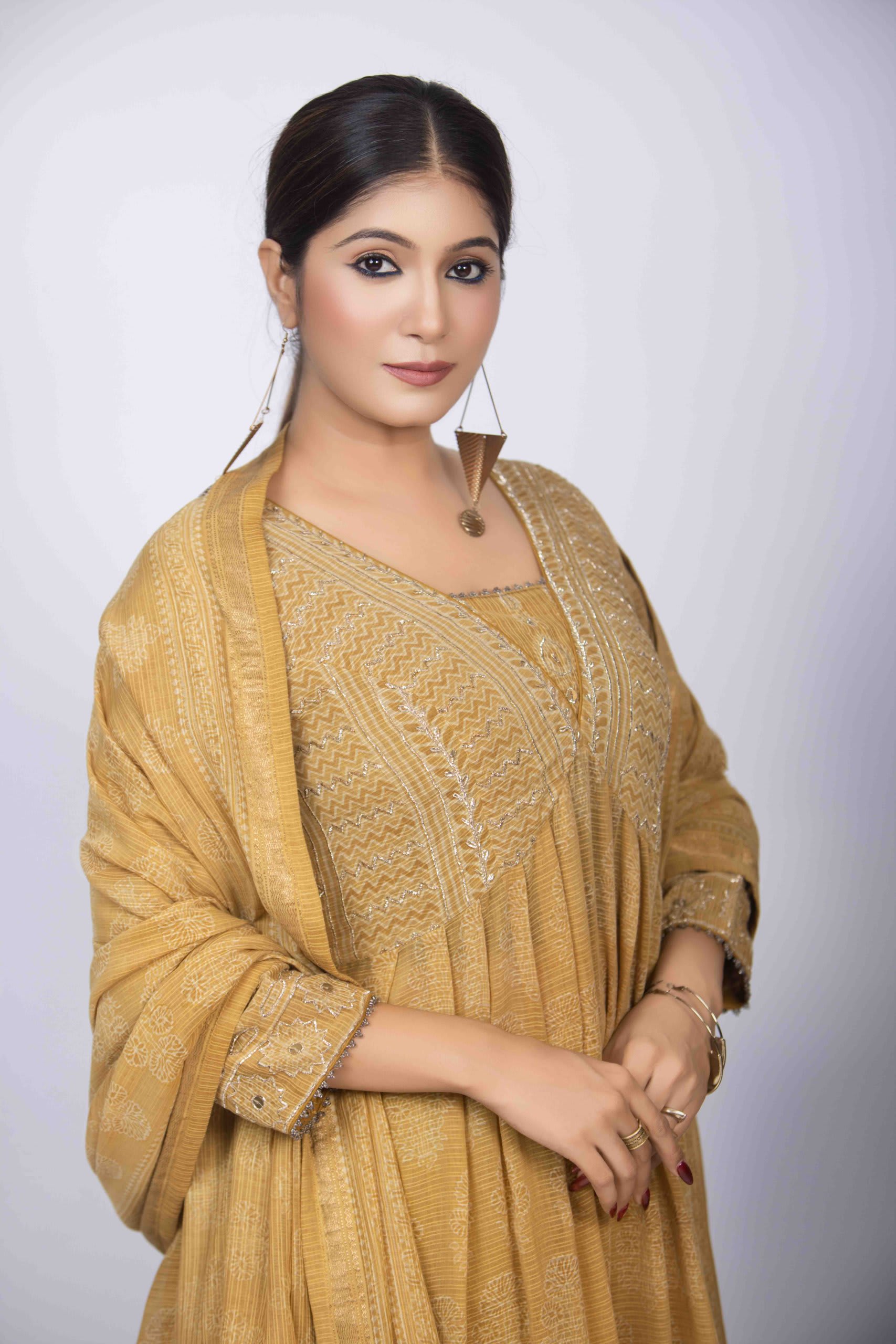 Yellow Ajrakh Block Print Kurta Set with Pita Work & Dupatta