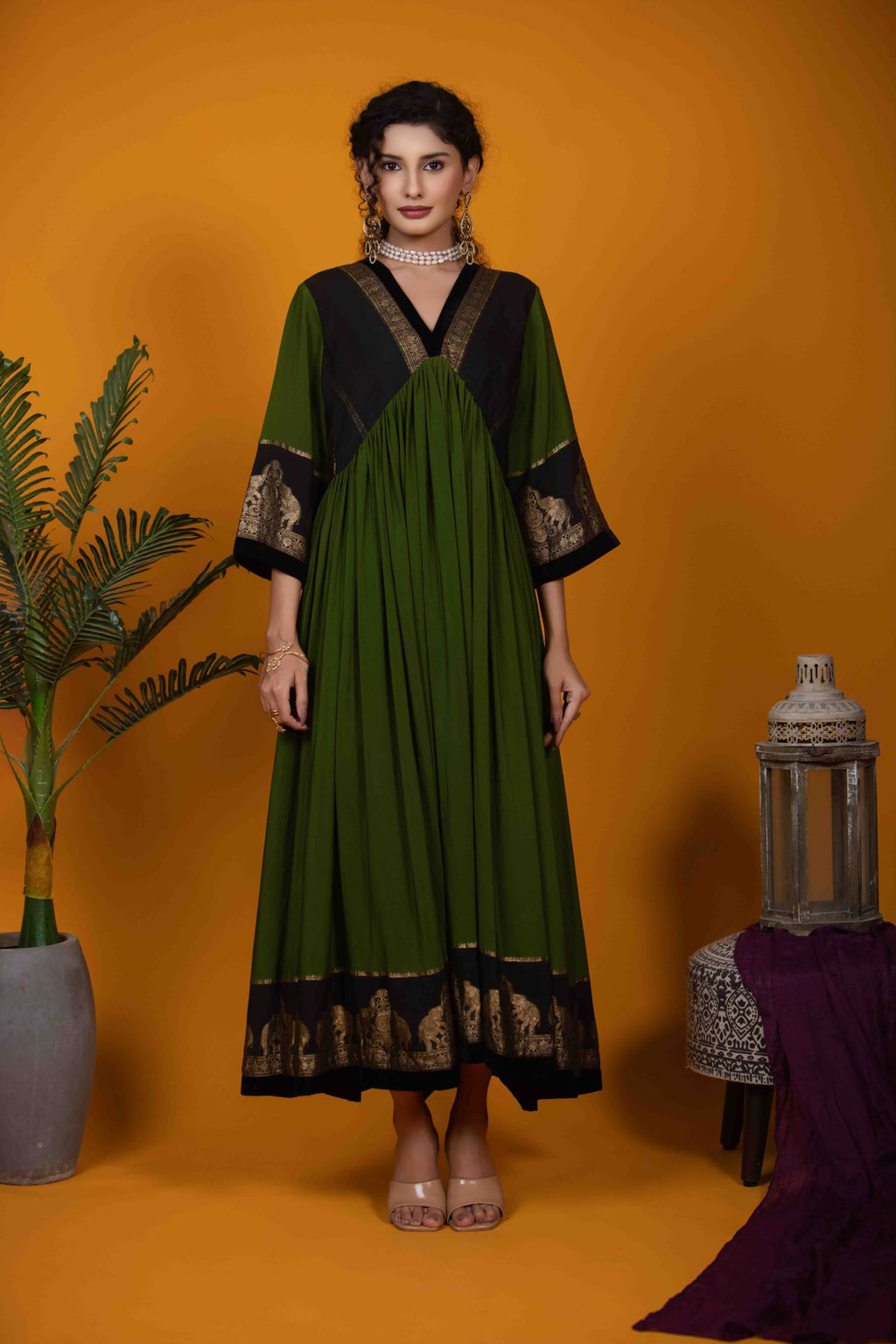 Mehendi Green Kurti with Banarasi Borders in Pure Silk