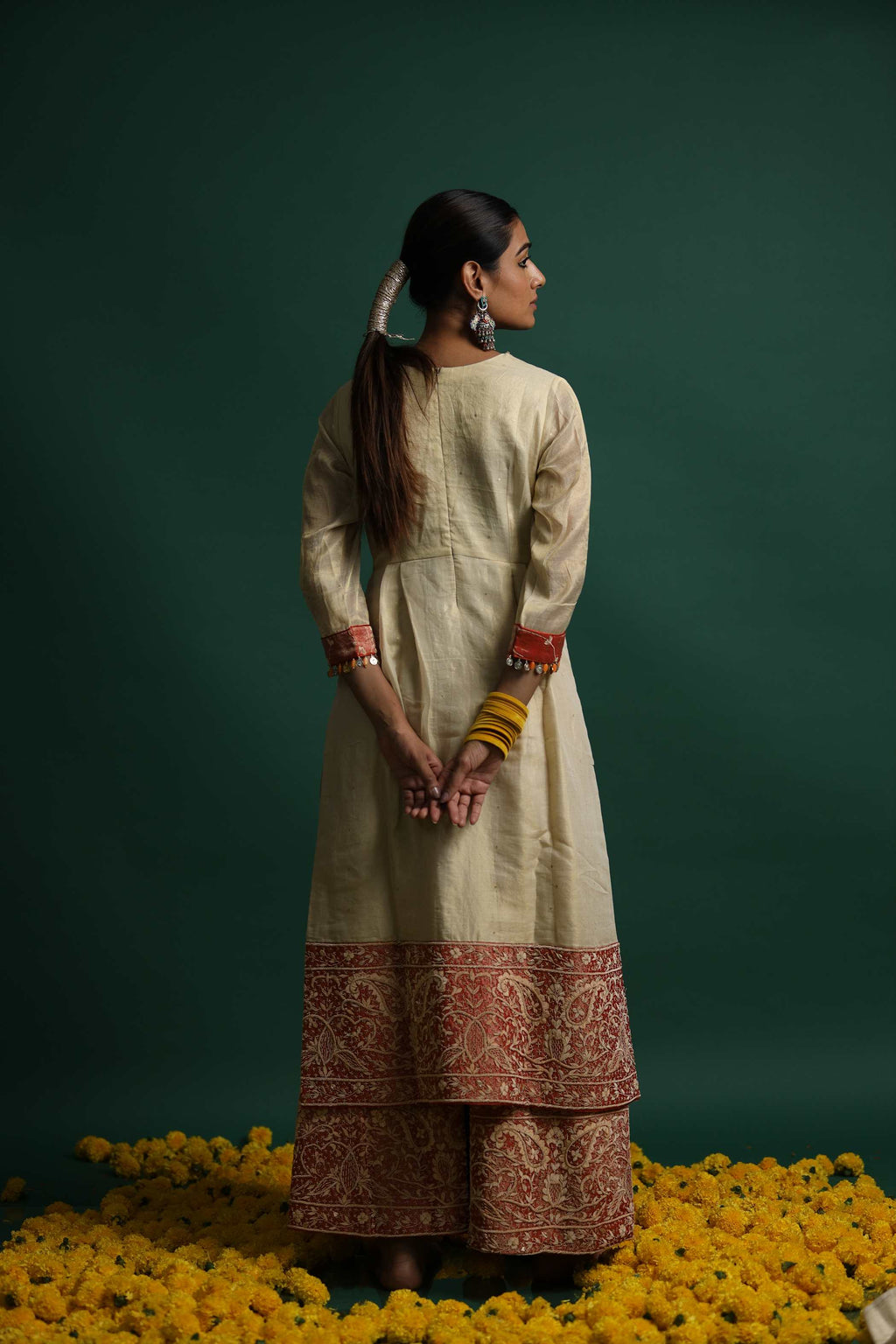 Ivory Kurti Set with Intricate Red Floral Patterns and Mirror Work