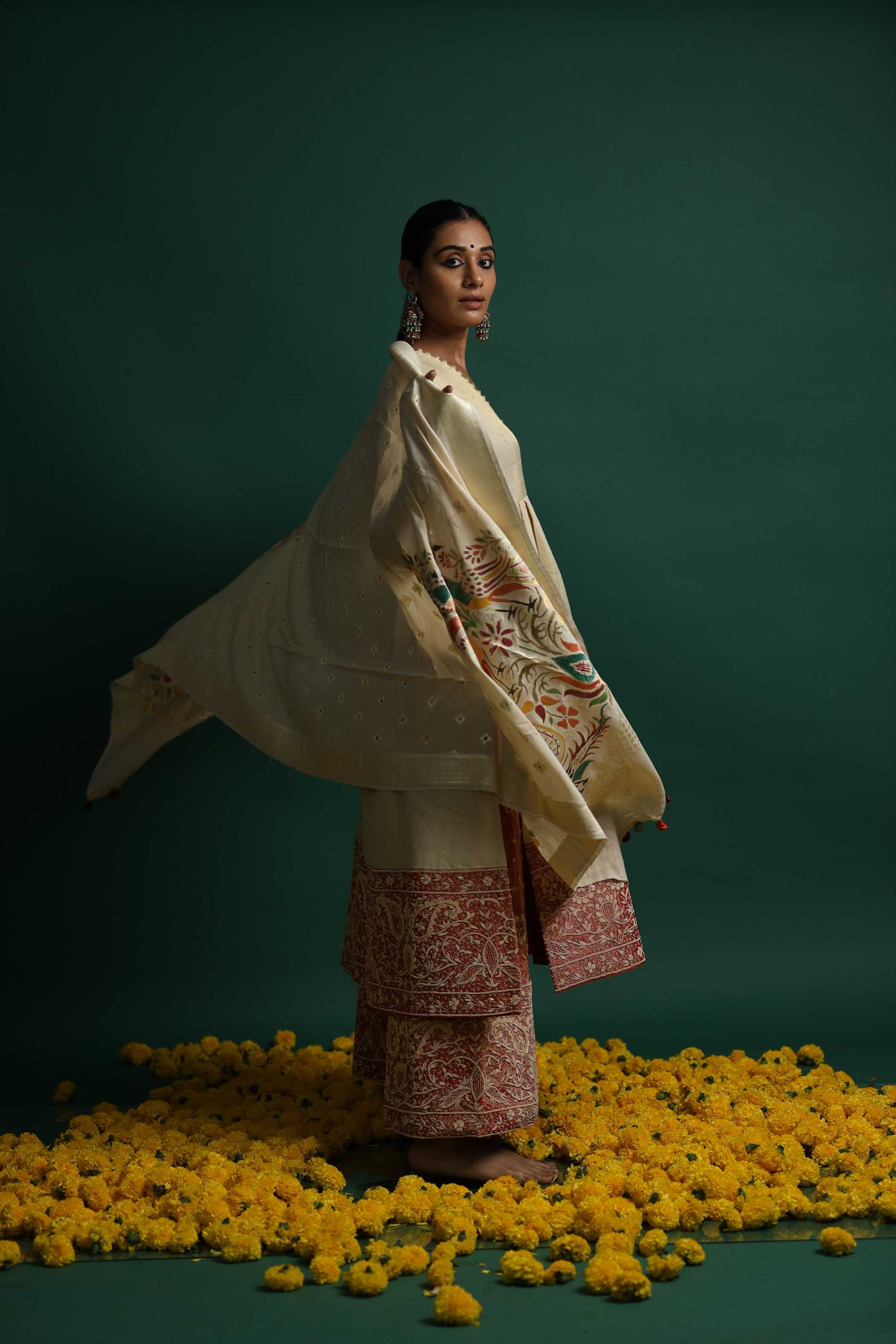 Ivory Kurti Set with Intricate Red Floral Patterns and Mirror Work