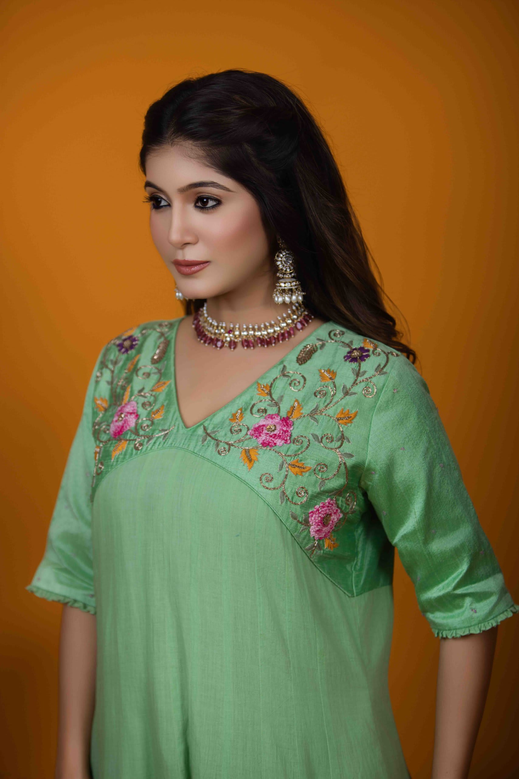 Pista Green Kurta Set with Embroidered Yoke and Floral Motif