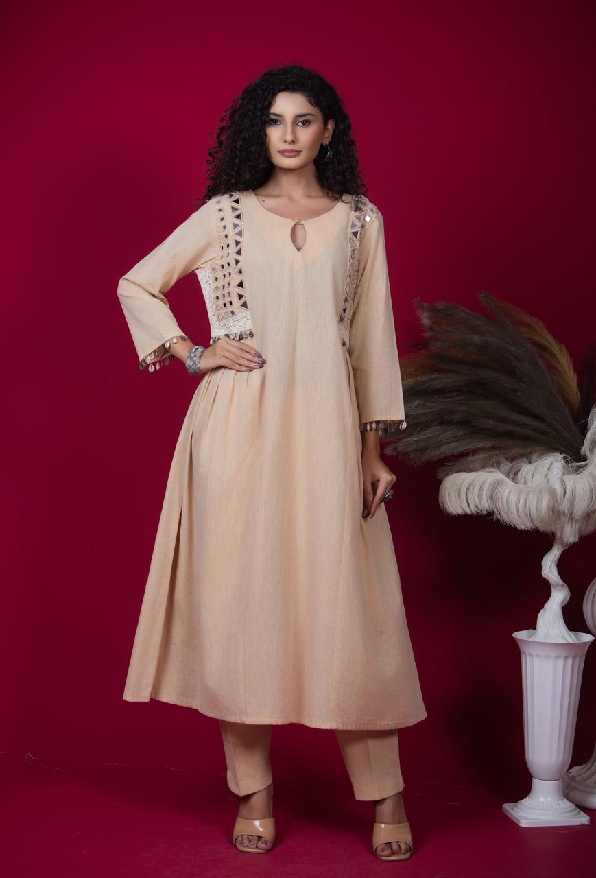 Beige Banjara Kurti Set with Mirror Khat Embroidery & Cotton Fabric