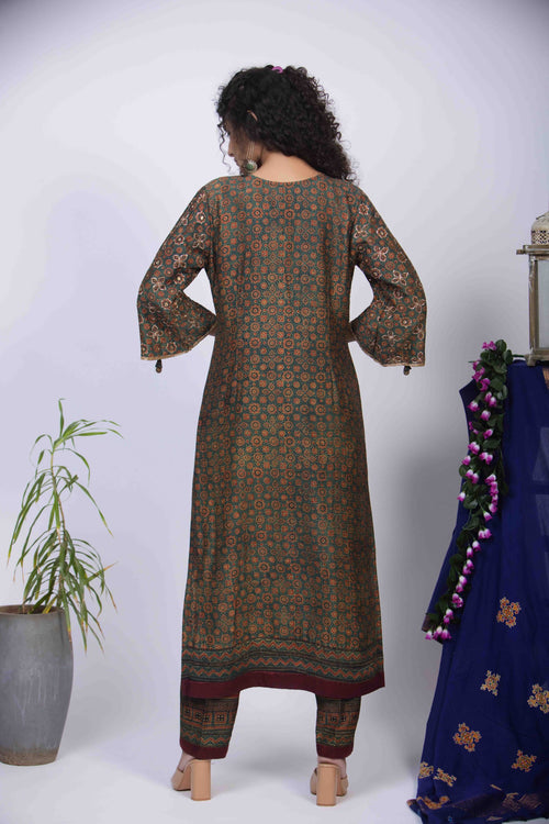 Green Ajrakh Kurta with Intricate Pita Work & Bell Sleeves