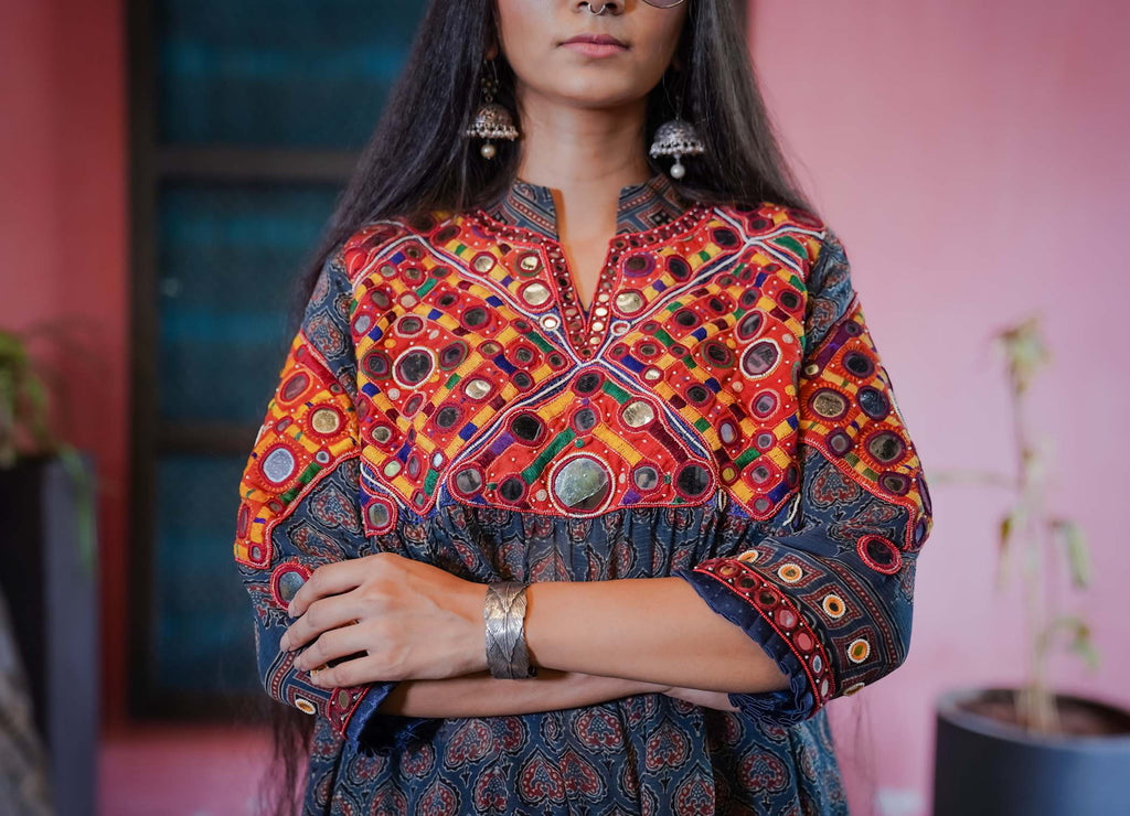 Ajrak Kurti Set in Deep Blue & Maroon with Embroidery & Geometric Print