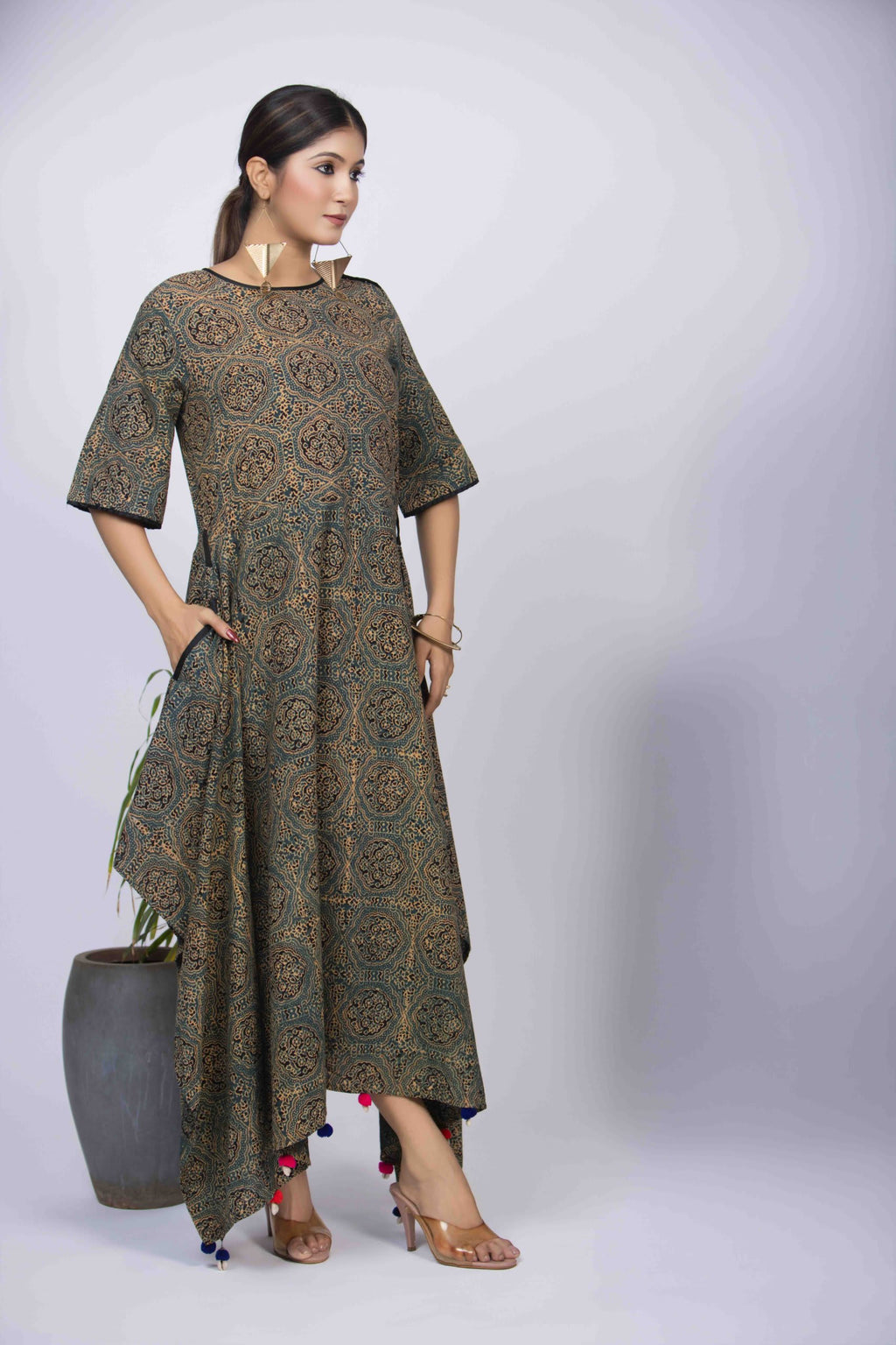 Dusty Green Ajrakh Block Print Dress with Pom-Pom Detailing