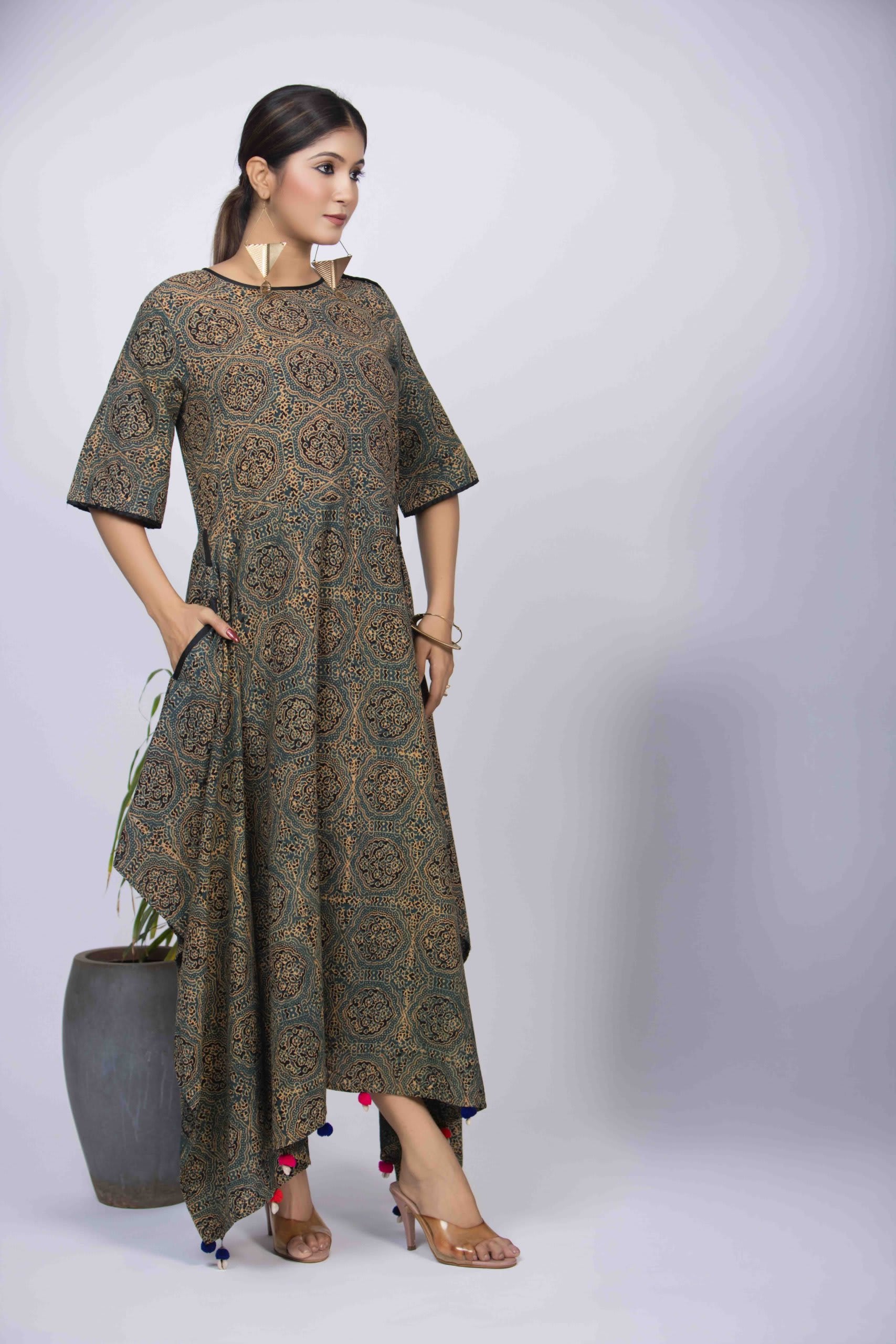 Dusty Green Ajrakh Block Print Dress with Pom-Pom Detailing
