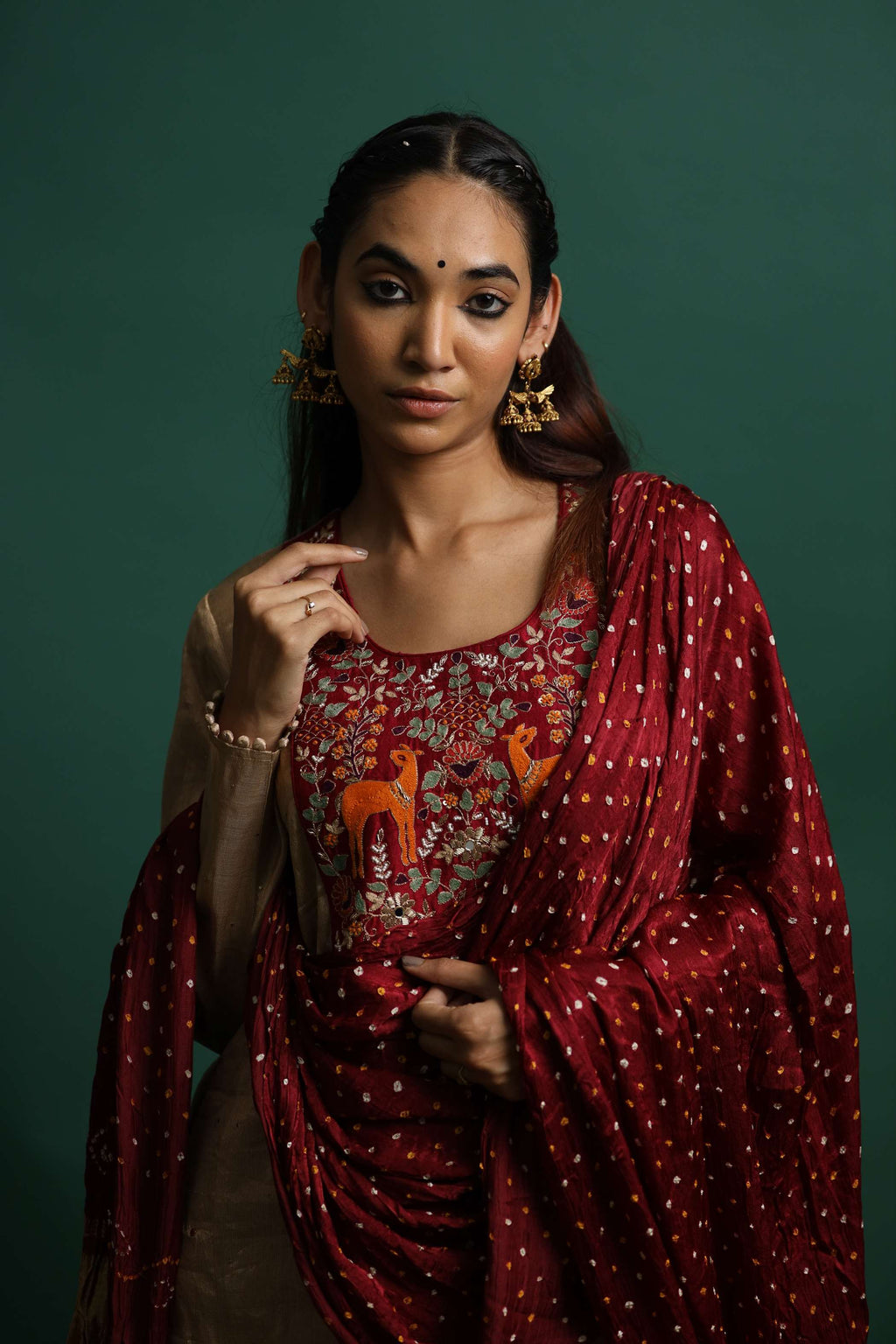 Golden Kurti Set with Maroon Embroidery & Wildlife Motifs