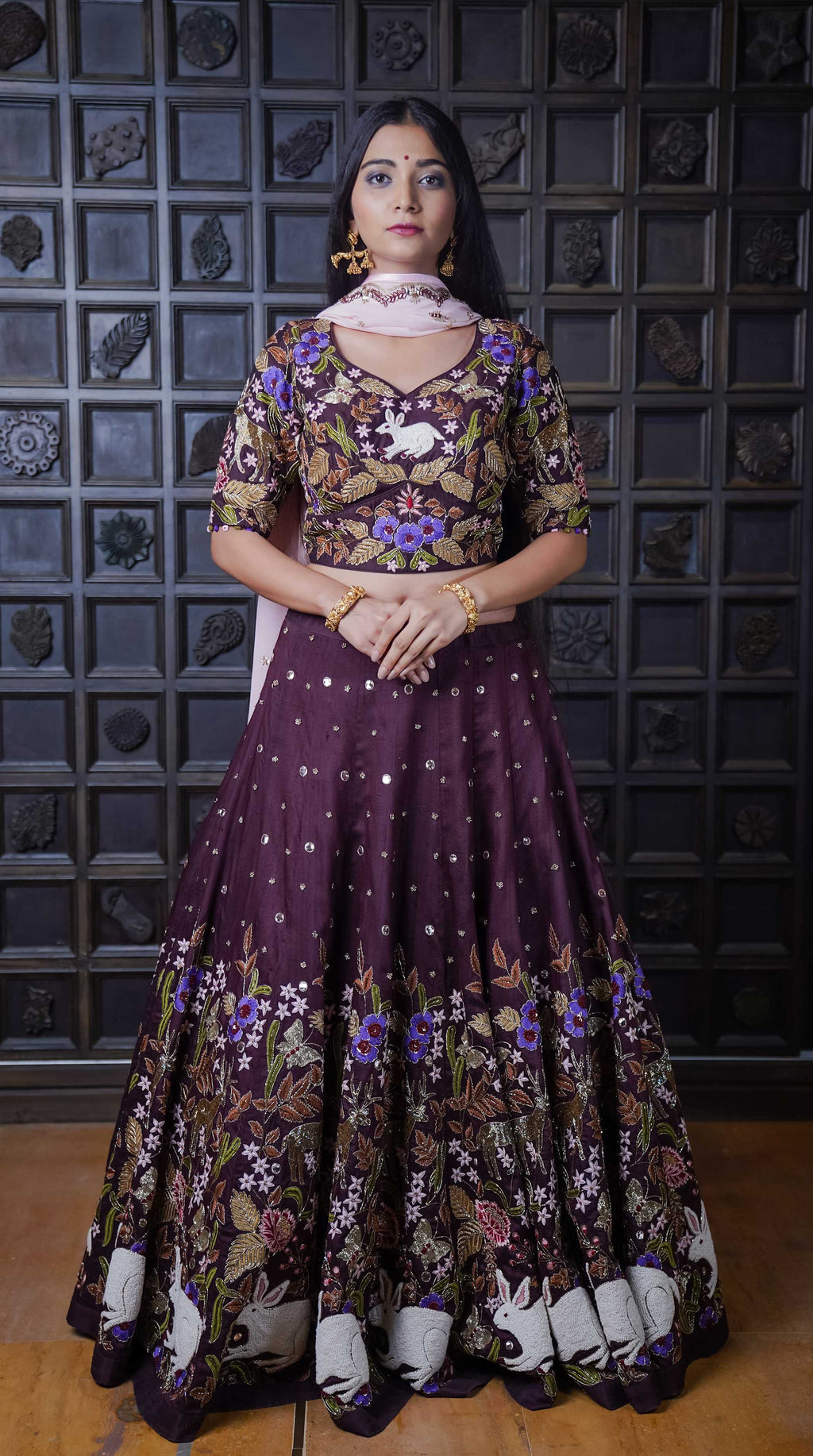 Deep Maroon Lehenga with Floral & Rabbit Motifs – Traditional Elegance