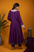 Purple Anarkali Set - Embroidered Monga Silk with Ikkat Detailing