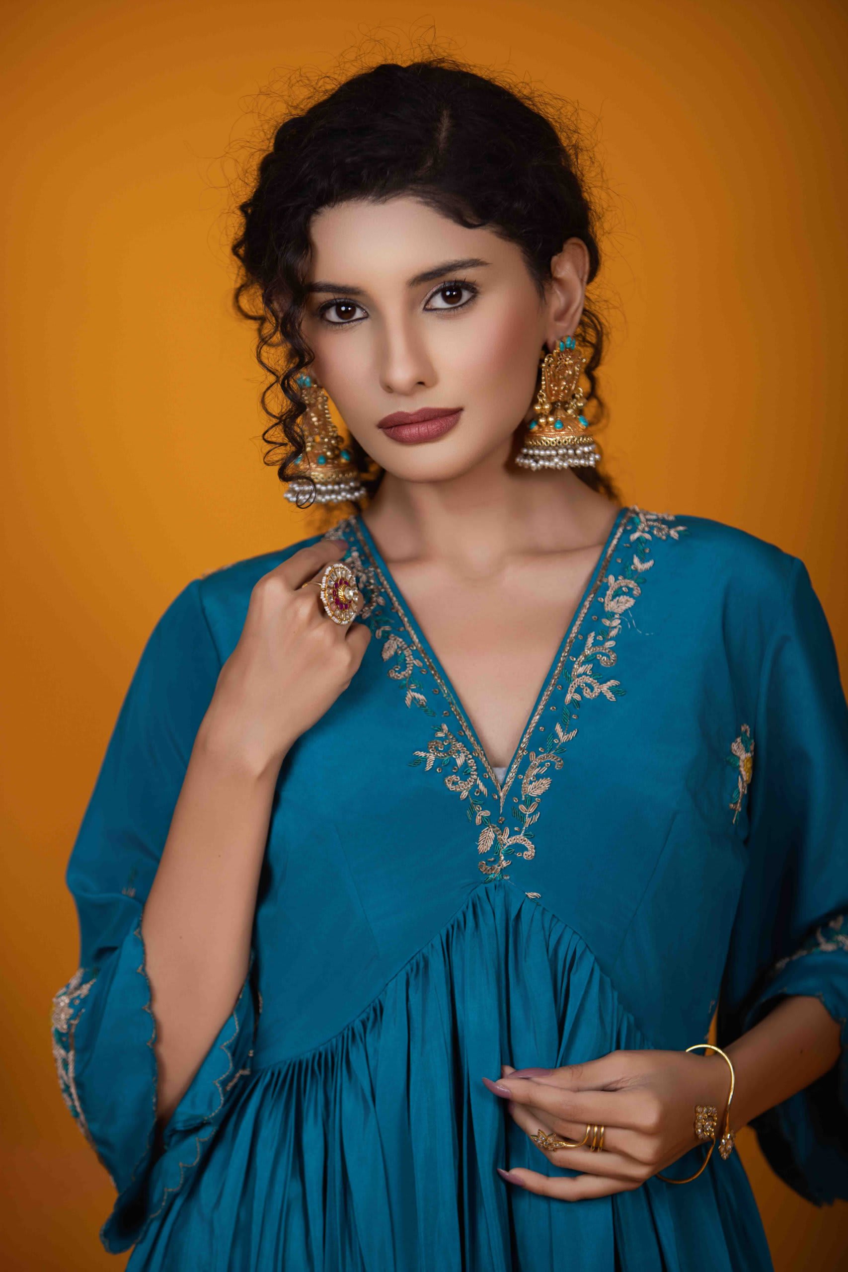 Rama Blue Kurti Set with Zardozi Embroidery & Bell Sleeves