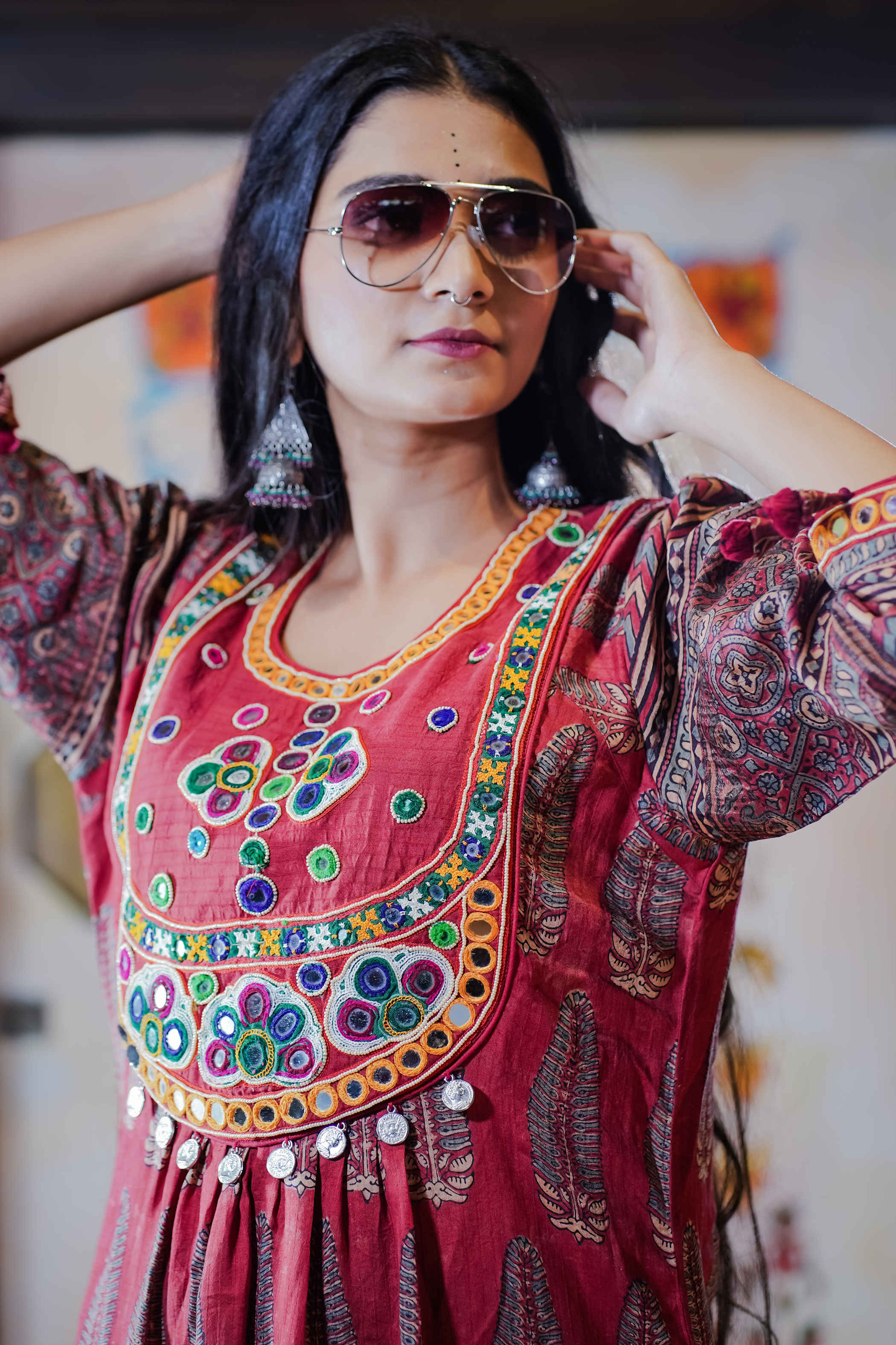 Red Kurti Set with Intricate Embroidery and Mirror Work