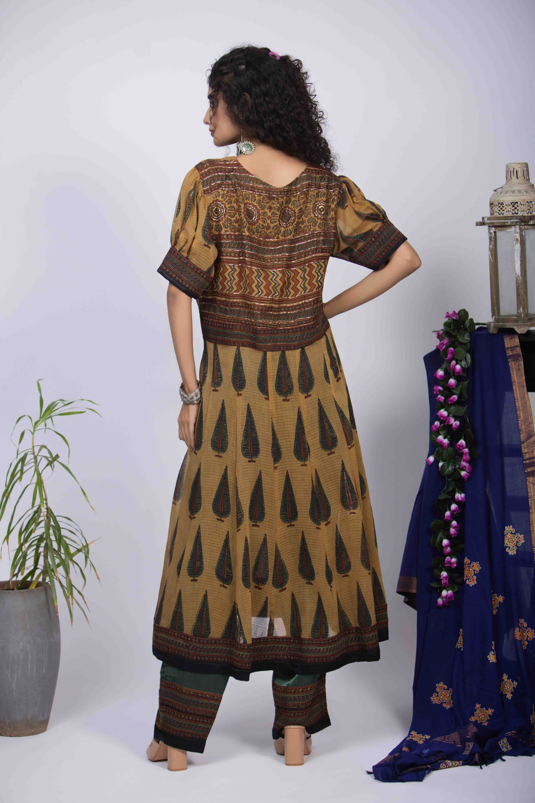 Mustard Yellow Angrakha Kurta Set with Ajrakh Print & Intricate Pita Work