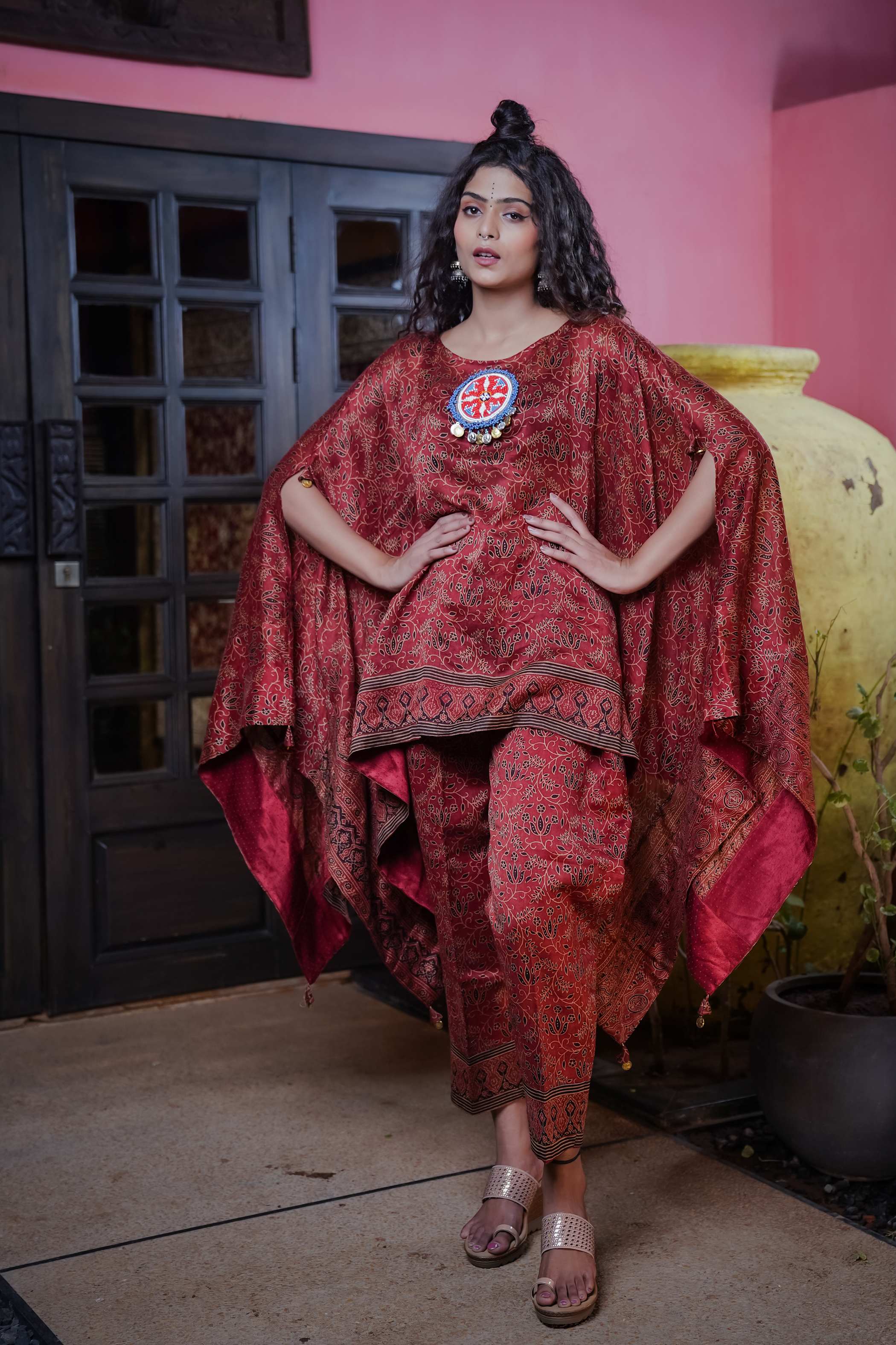 Maroon Ajrak Kurti Set with Flowing Sleeves & Beaded Medallion