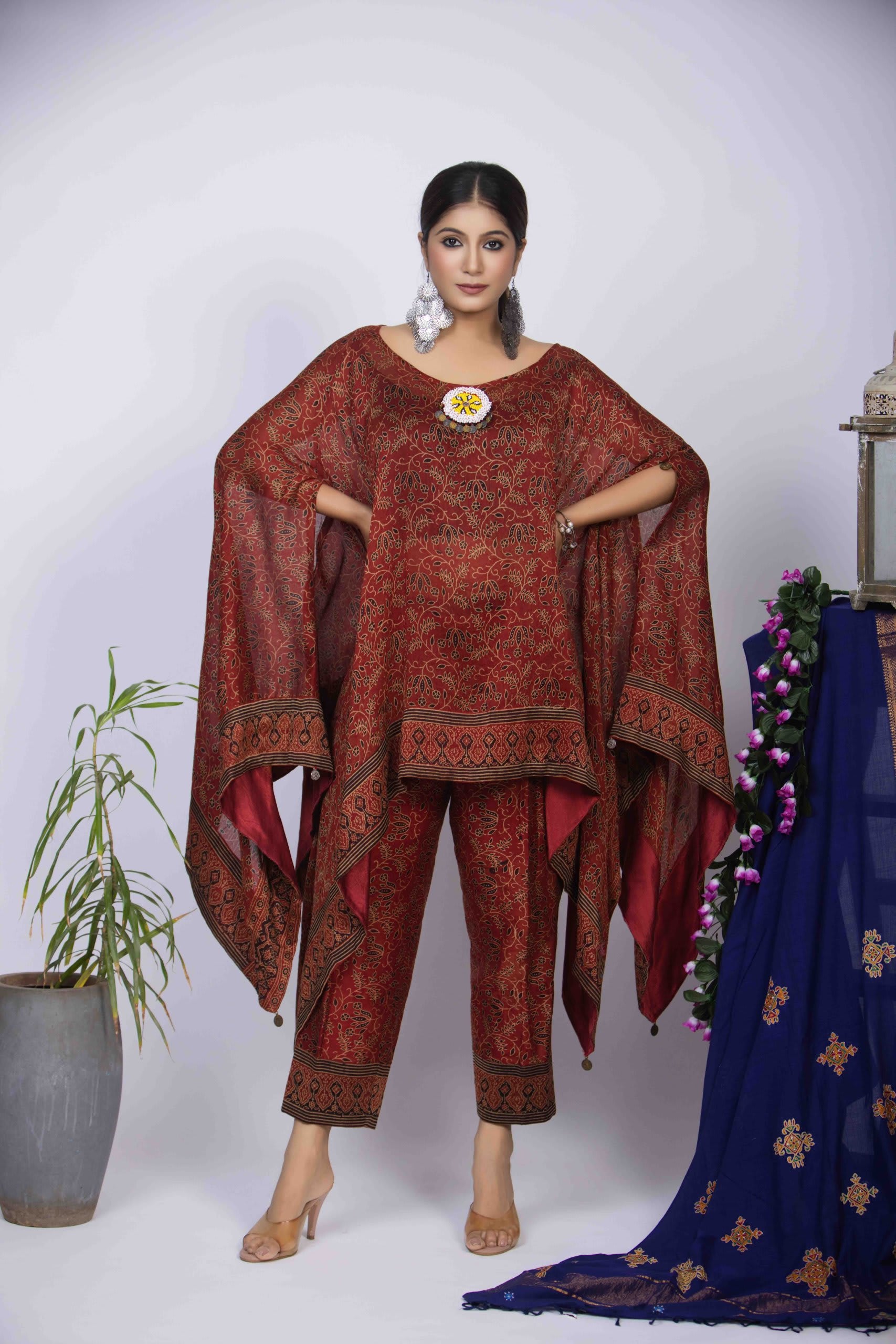 Maroon Kaftan Kurti Set with Ajrakh Block Print & Bead Work