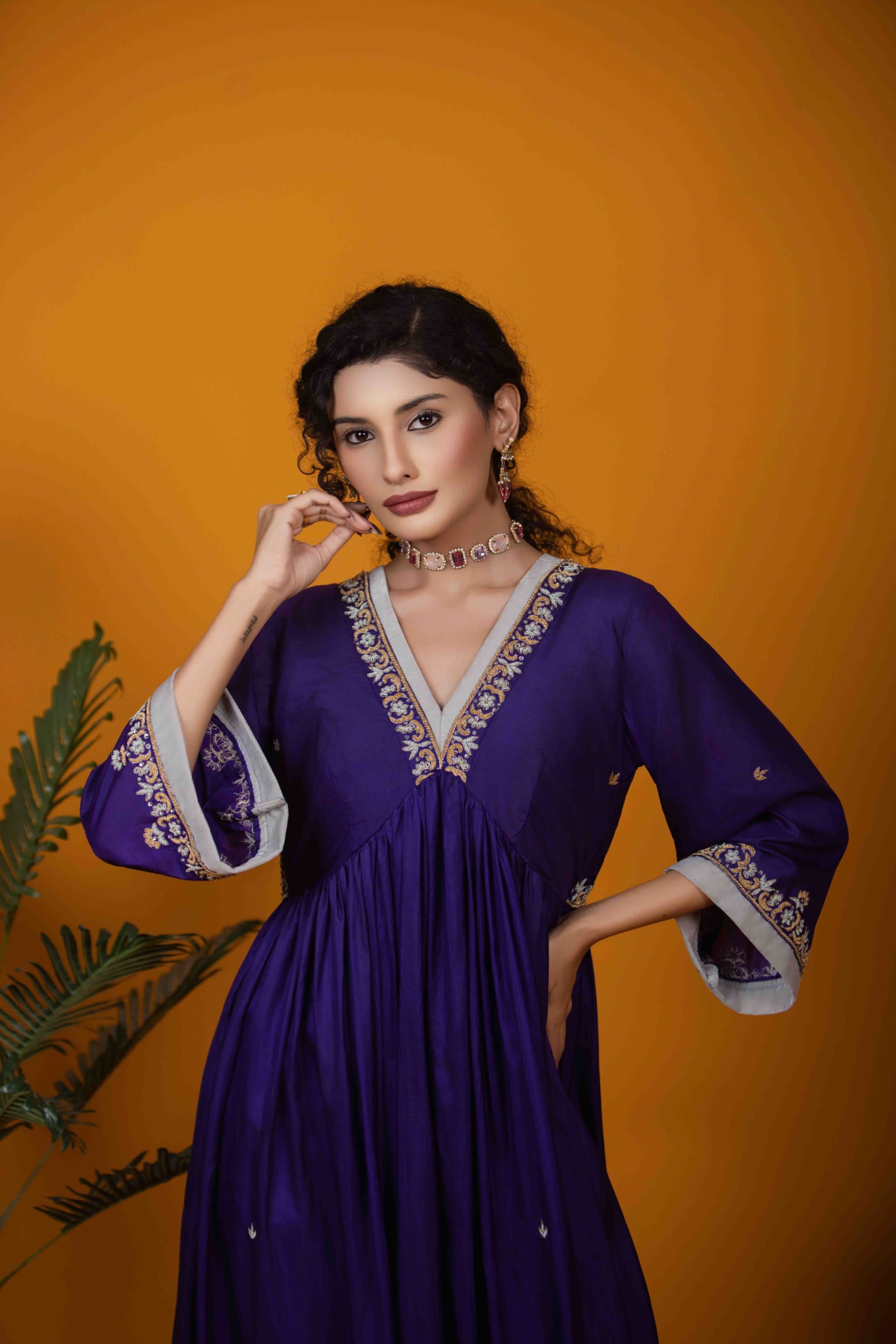 Violet Silk Kurti Set with Zardozi Embroidery & Bell Sleeves