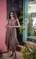 Ajrak Sleeveless Kurti Set with Asymmetrical Hemline in Earthy Tones