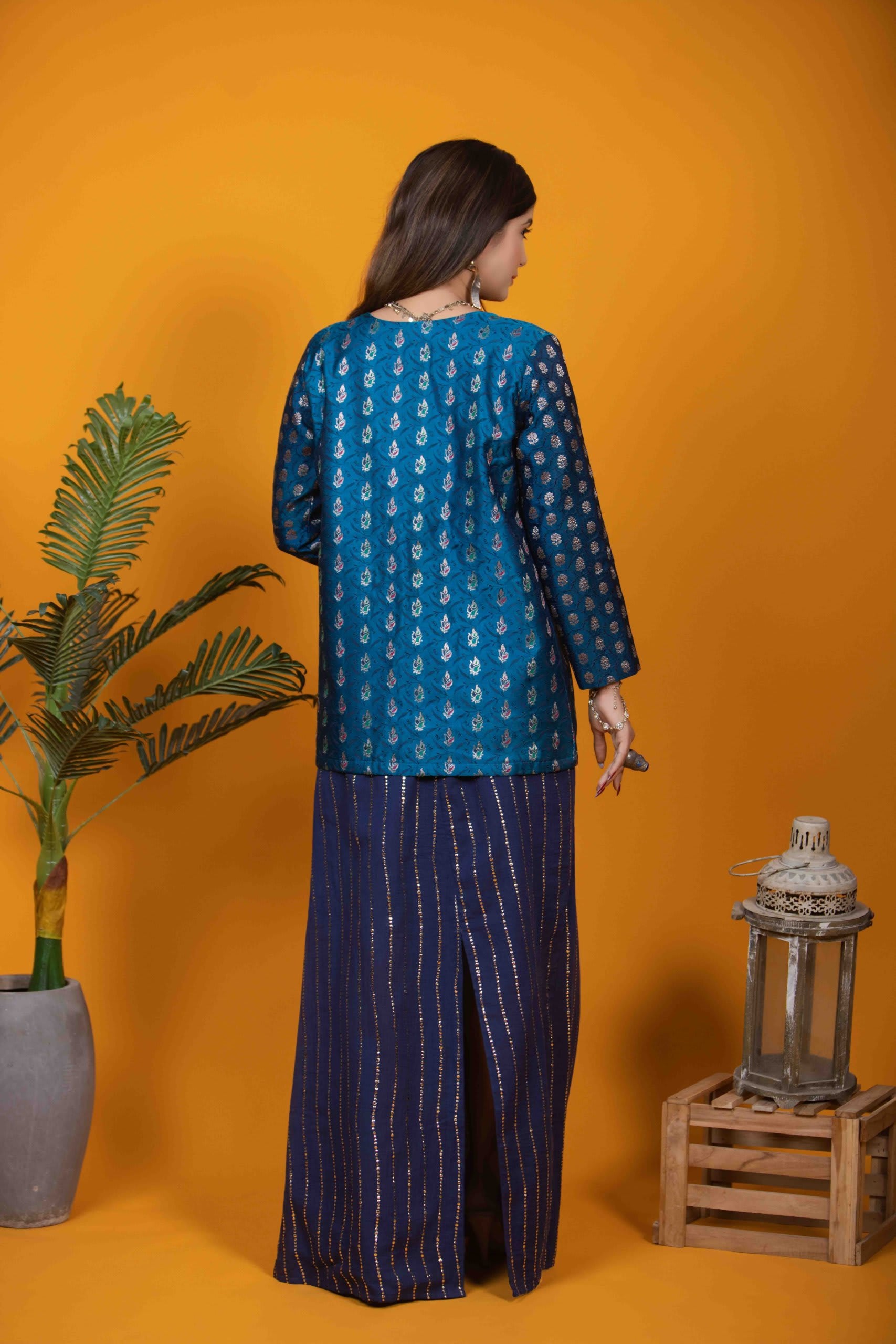 Deep Blue Banarasi Silk Ensemble with Mukaish Embellishments