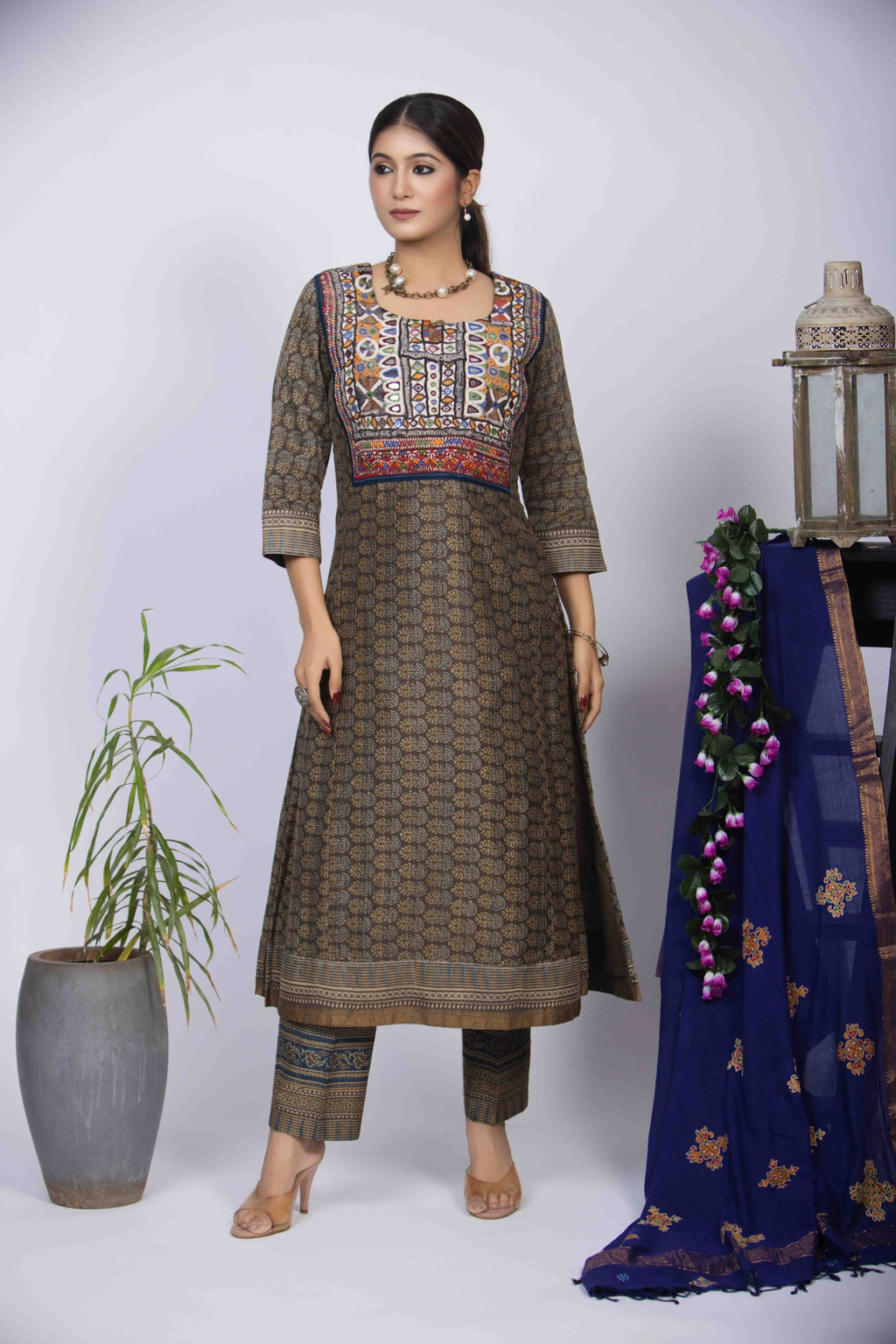 Dusty Green Kurta Set with Ajrakh Block Print & Embroidered Yoke