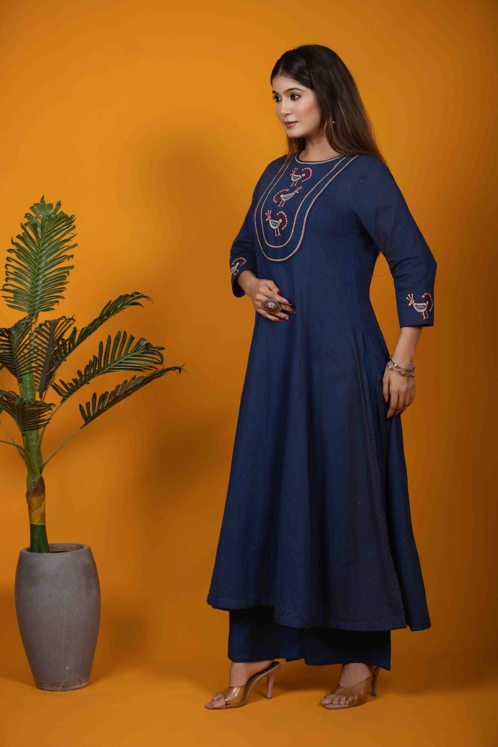 Navy Blue Kurta Set with Hand Embroidery & Bird Motifs