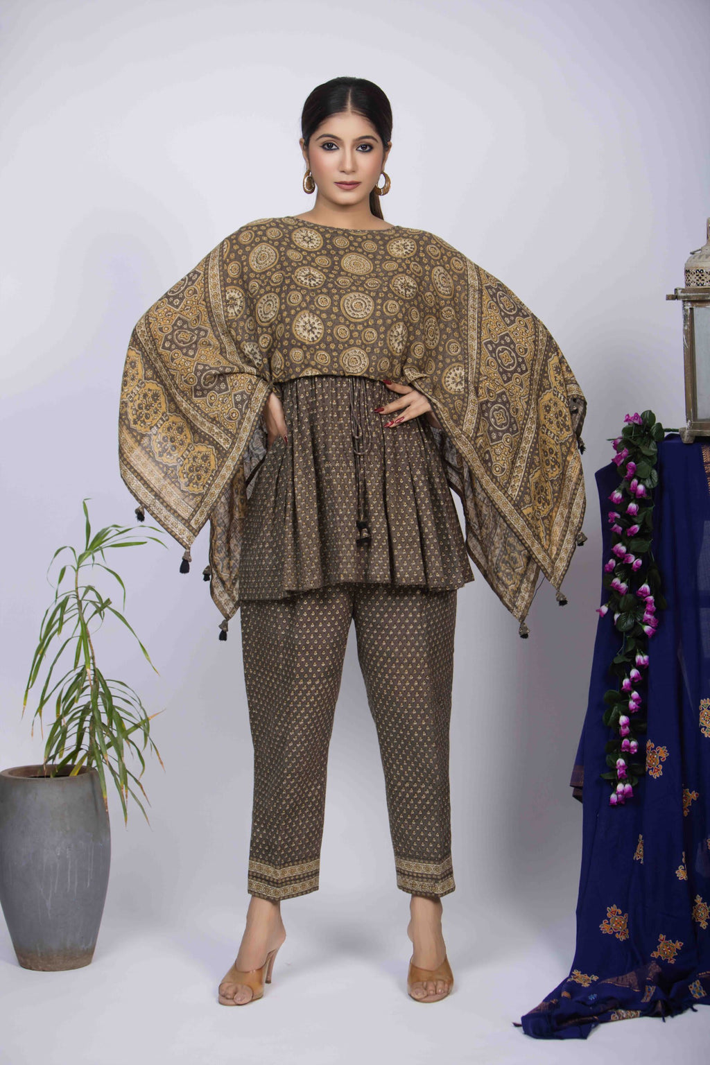 Dusty Yellow Ajrakh Co-Ord Set with Geometric Motifs and Peplum Top