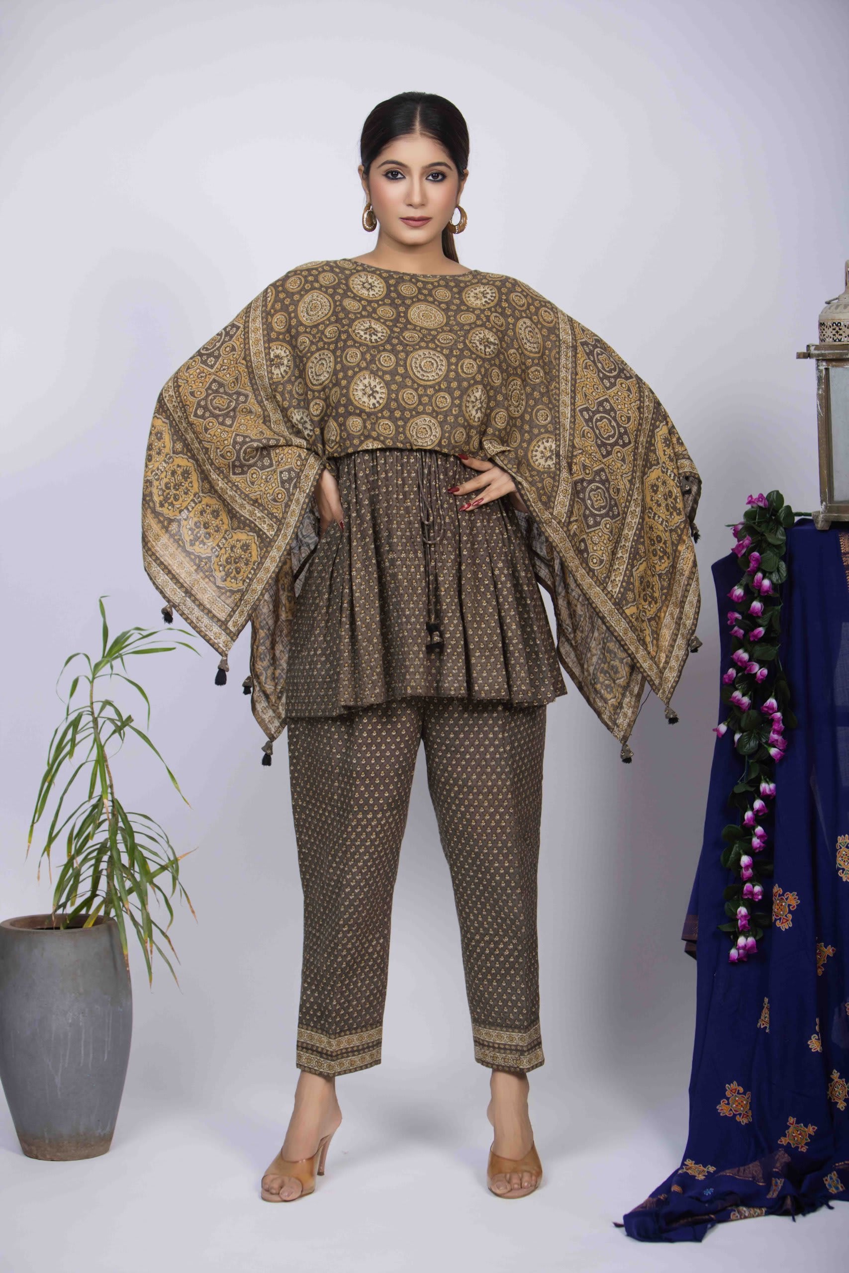 Dusty Yellow Ajrakh Co-Ord Set with Geometric Motifs and Peplum Top