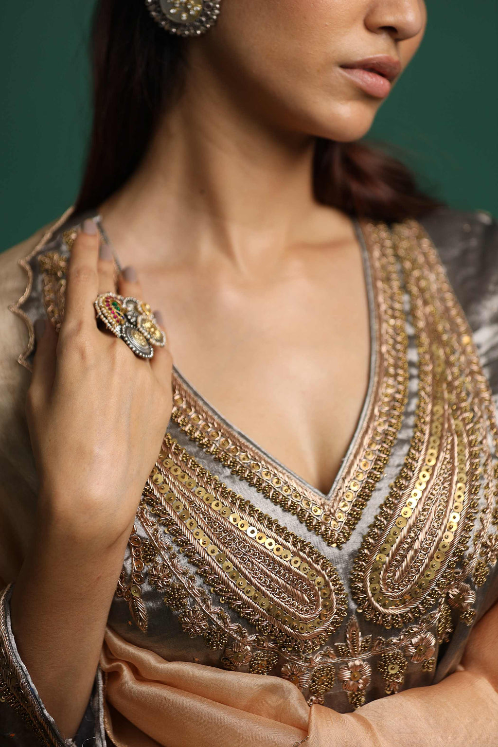 Grey Kurti Set with Zardosi Embroidery and Silk Fabric