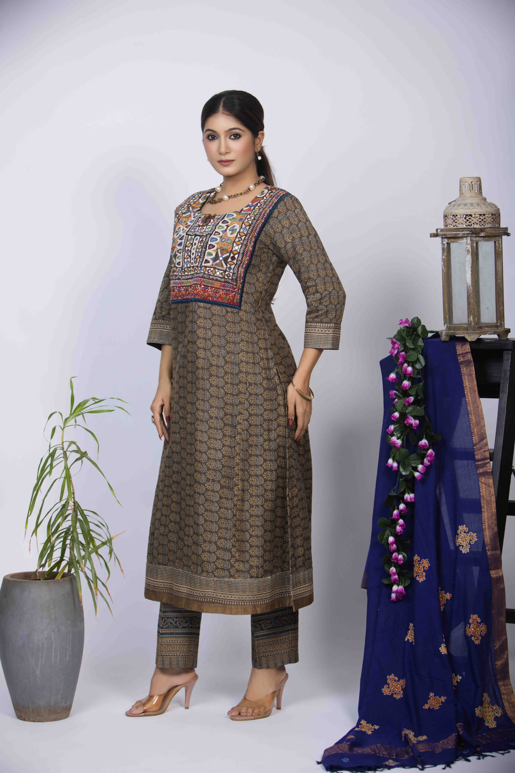 Dusty Green Kurta Set with Ajrakh Block Print & Embroidered Yoke