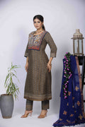 Dusty Green Kurta Set with Ajrakh Block Print & Embroidered Yoke