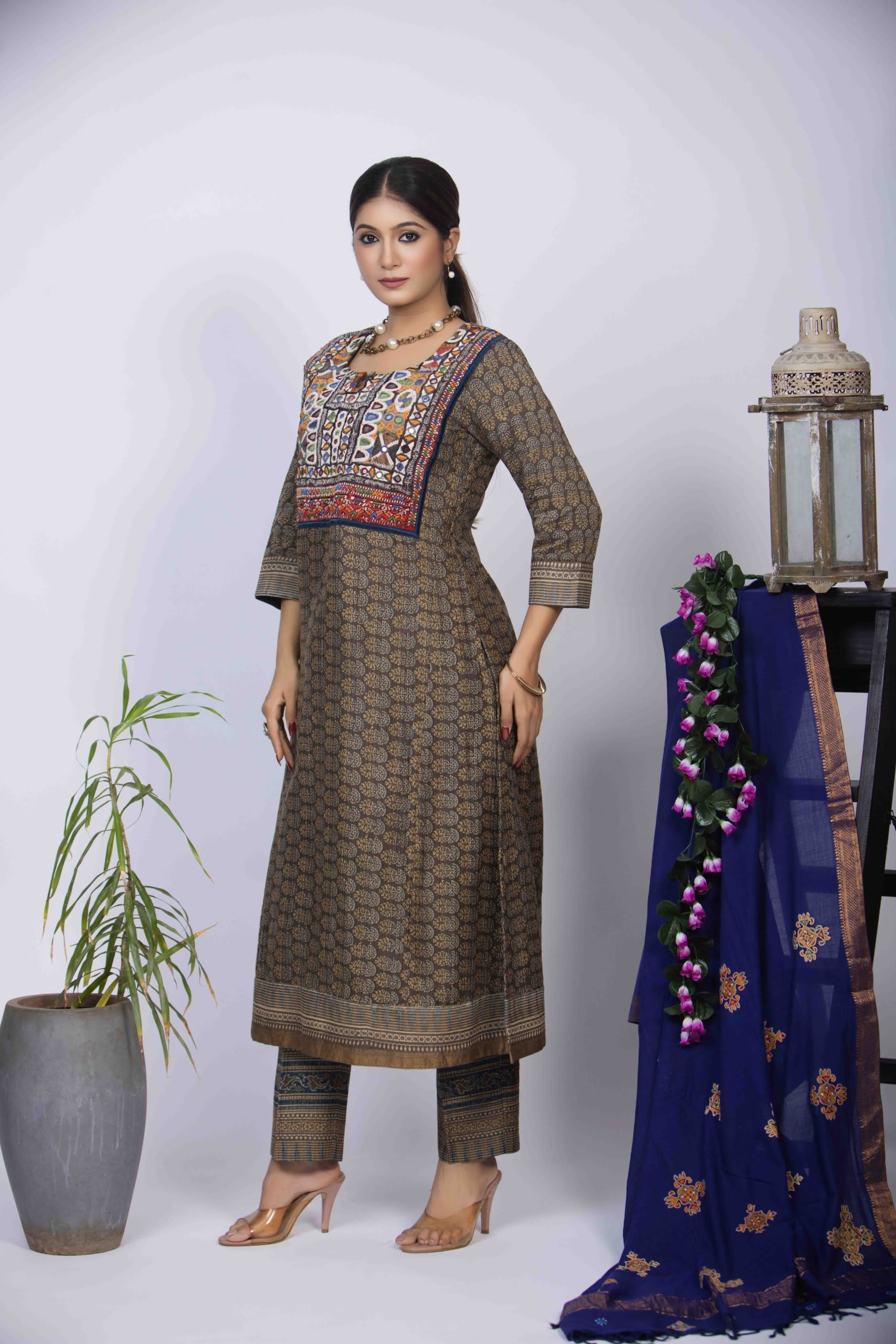 Dusty Green Kurta Set with Ajrakh Block Print & Embroidered Yoke