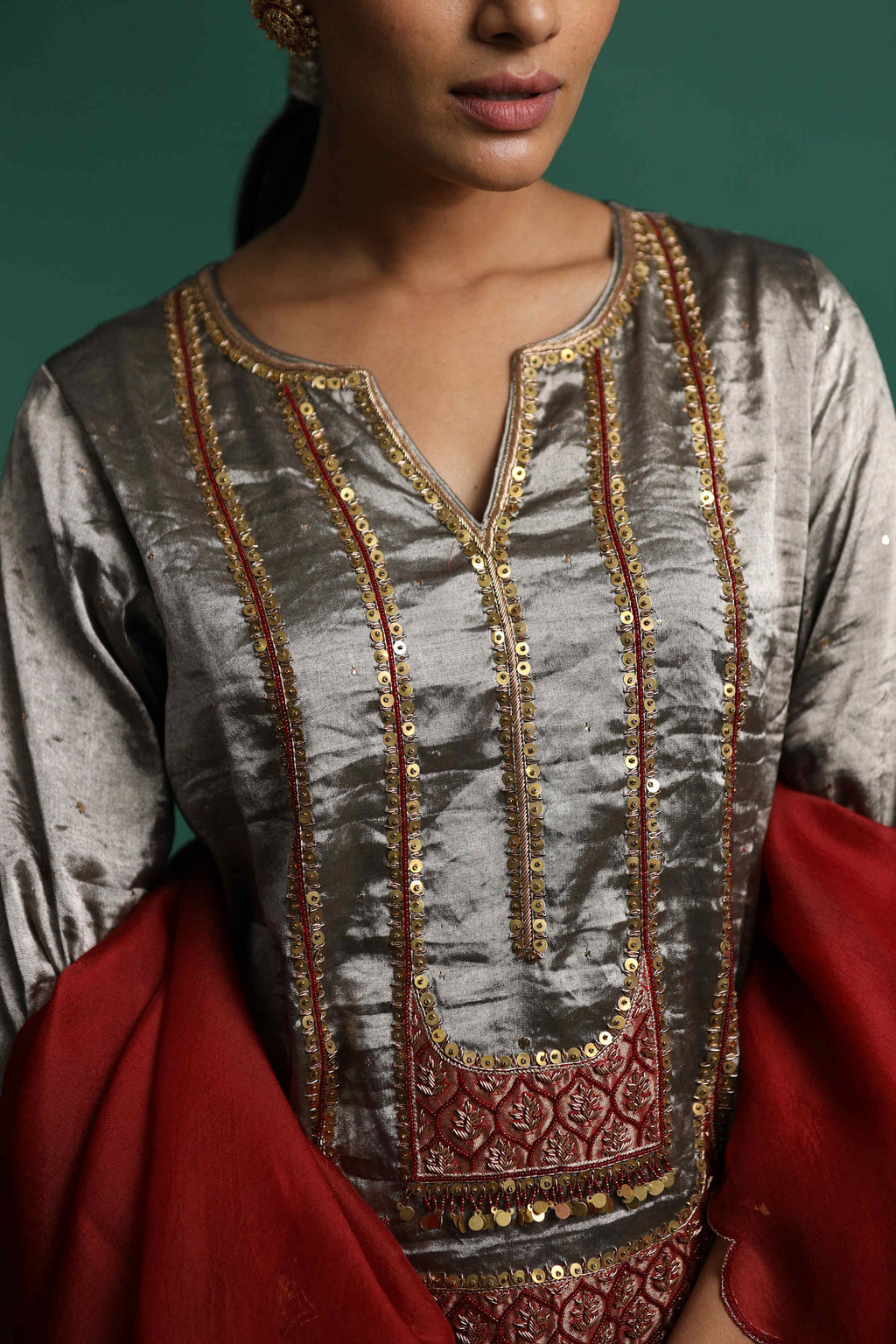 Red Kurti Set with Gold Sequin Detailing and Elegant Embroidery