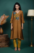 Banjara Brown Kurti Set with Kalamkari Print & Mustard Pants
