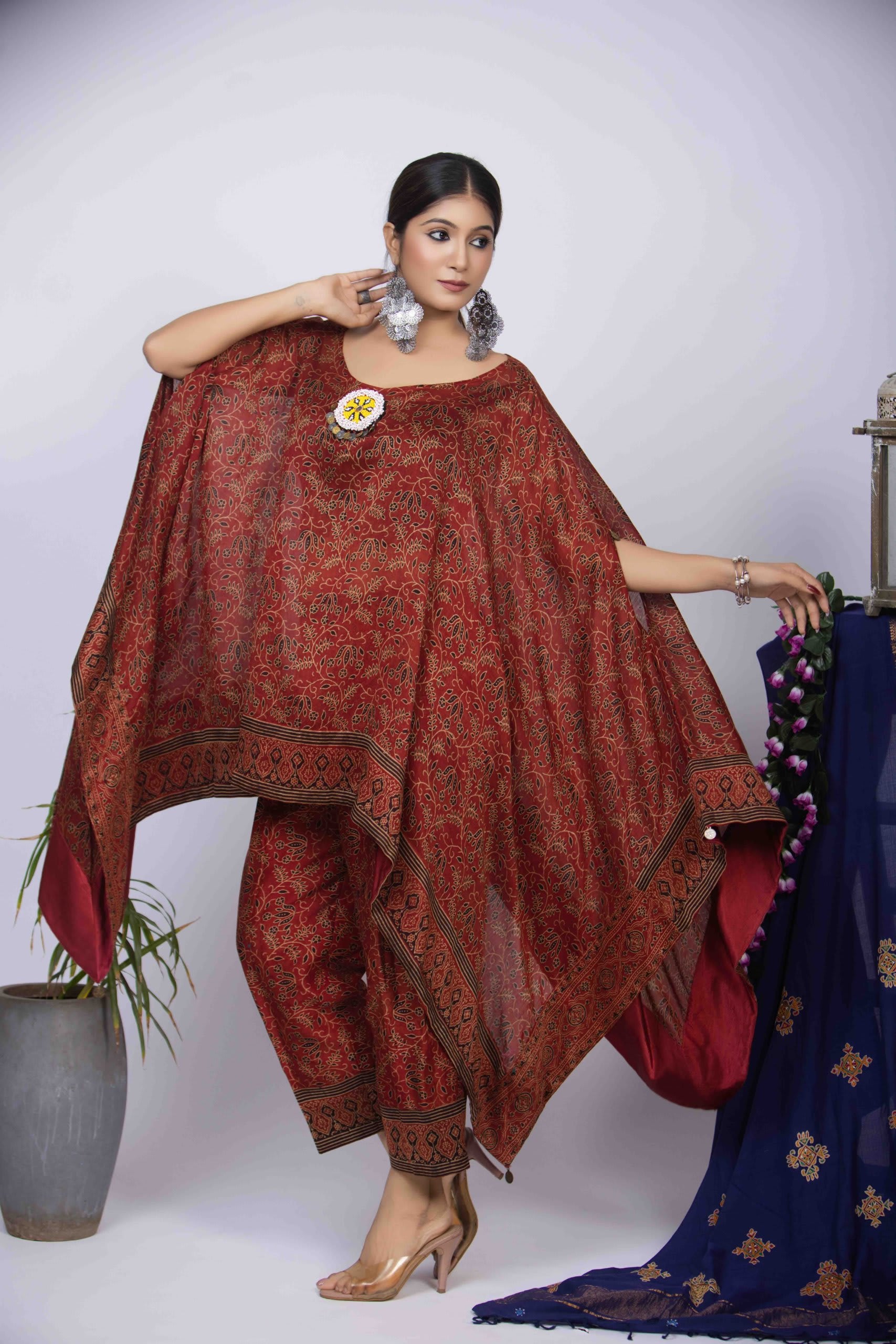 Maroon Kaftan Kurti Set with Ajrakh Block Print & Bead Work