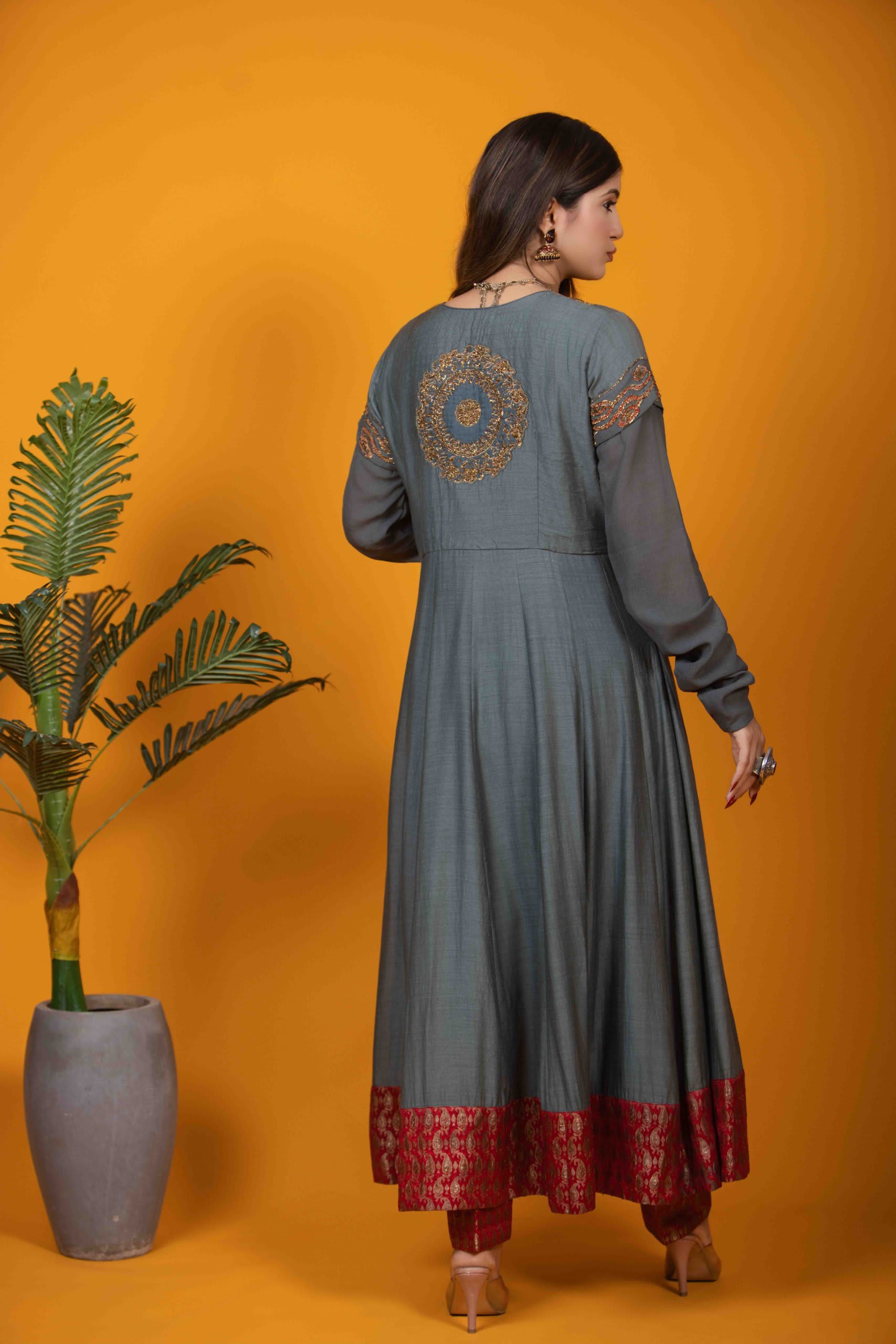 Grey Silk Anarkali Dress with Khat Work & Red Banarasi Border