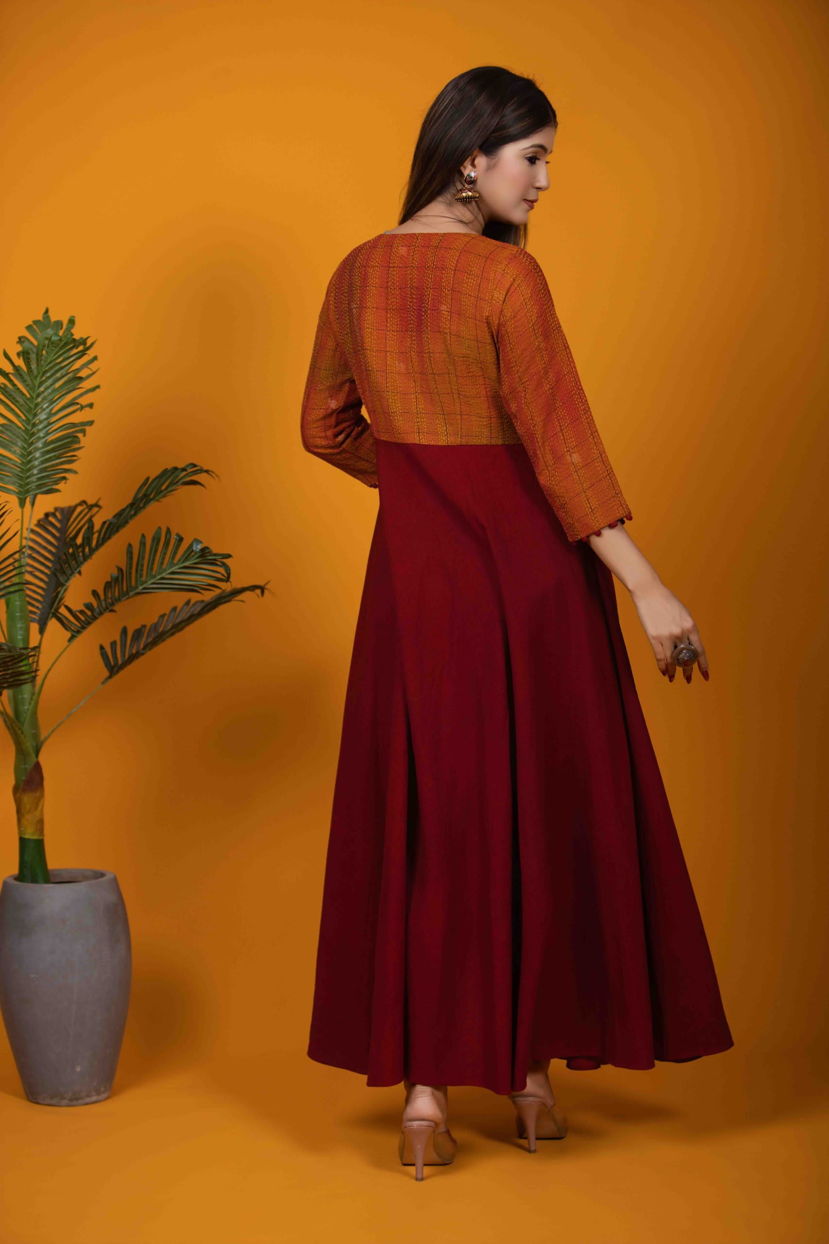 Maroon Angrakha Dress with Katha Embroidery and Cotton Fabric