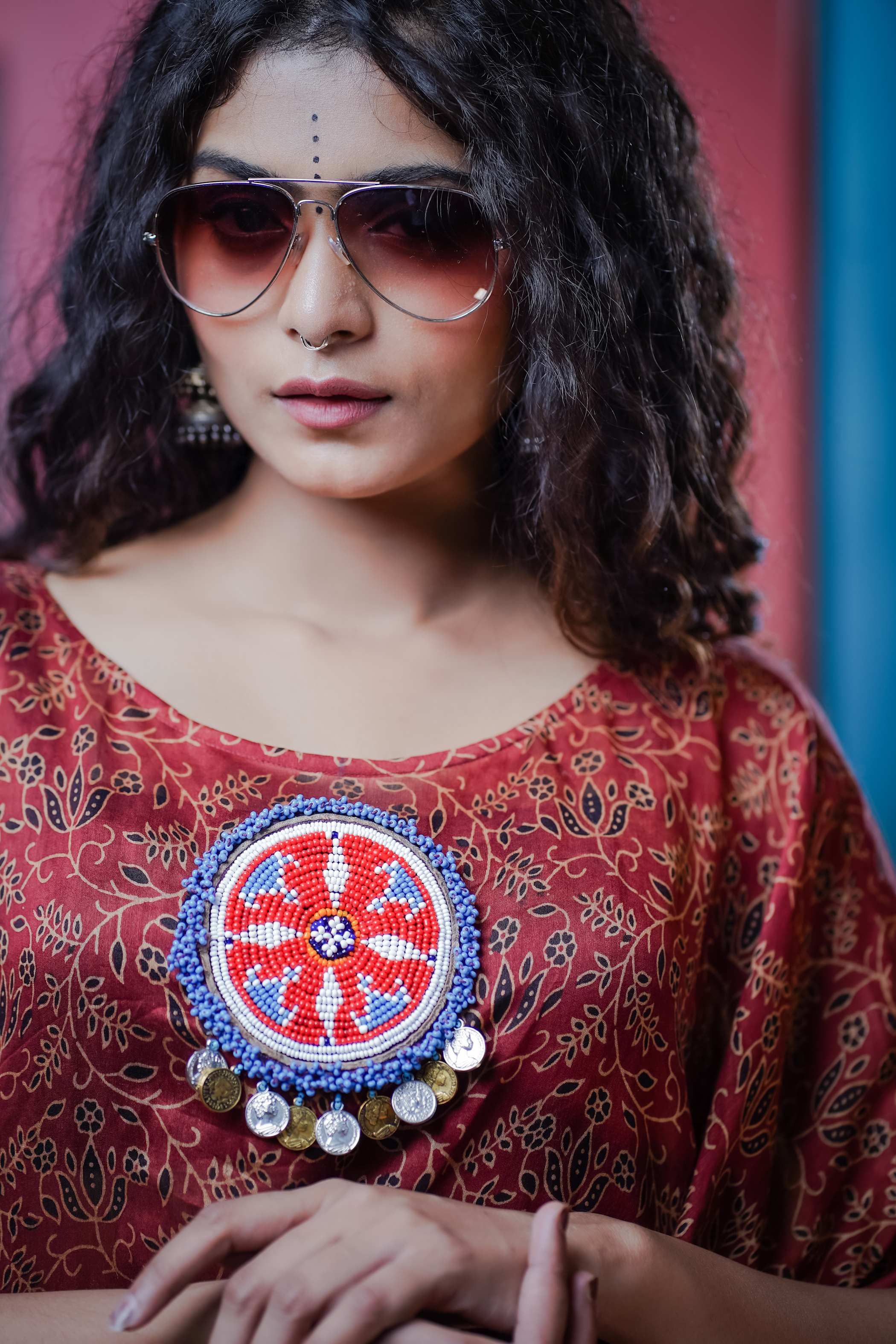 Maroon Ajrak Kurti Set with Flowing Sleeves & Beaded Medallion