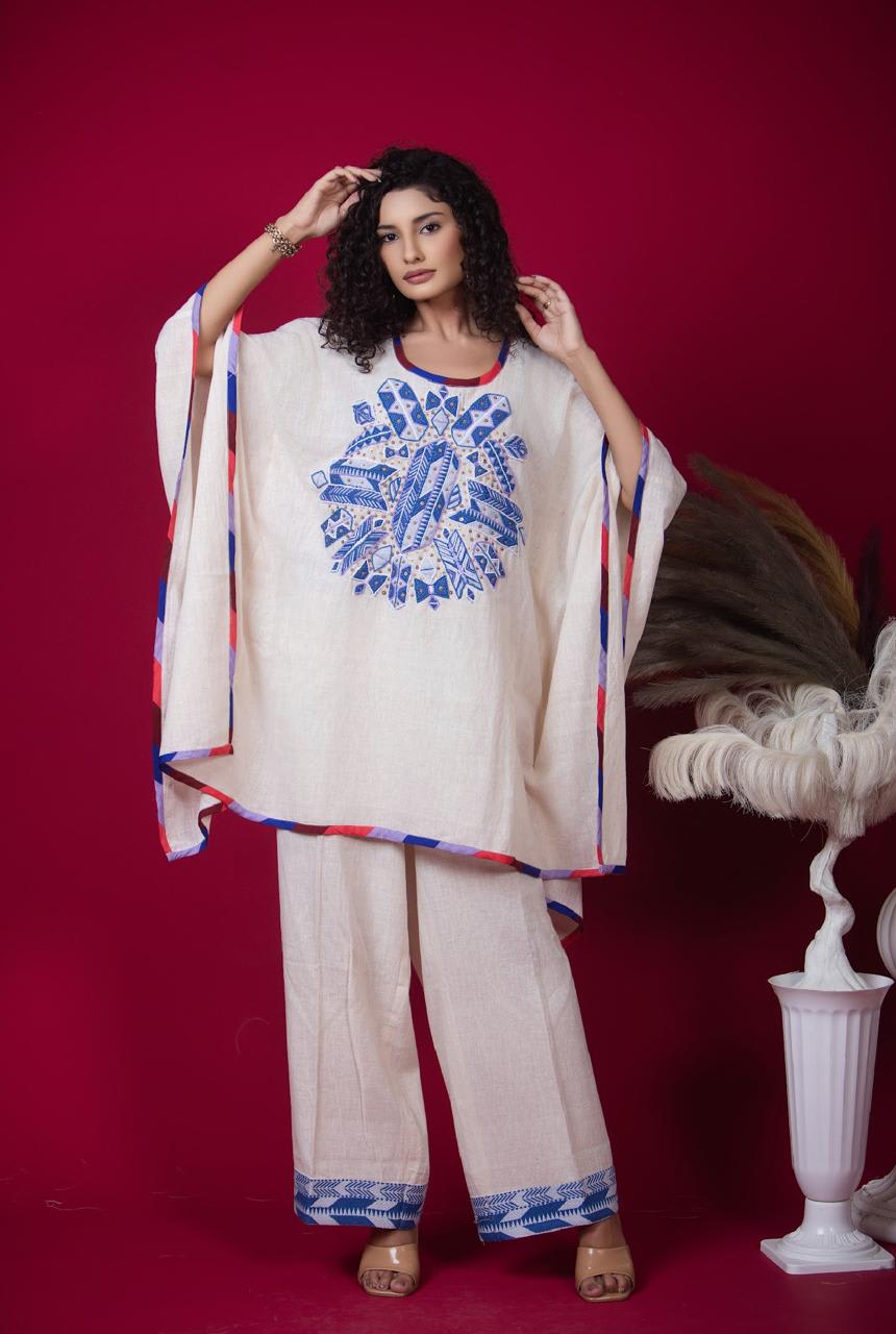 White Kaftan Set with Blue Applique & Multicolor Border