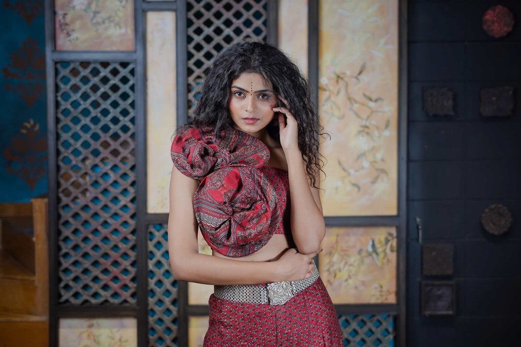Red Ajrak Kurti Set with Intricate Motifs and Bow Detail