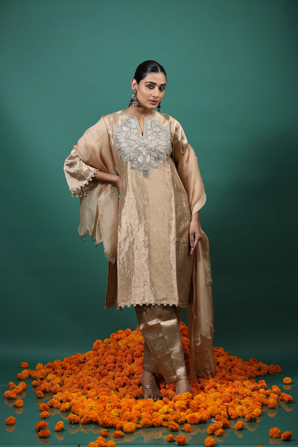 Gold Zardosi Kurti Set with Embroidered Neckline & Scalloped Dupatta