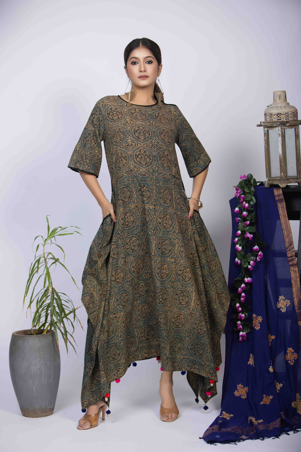 Dusty Green Ajrakh Block Print Dress with Pom-Pom Detailing