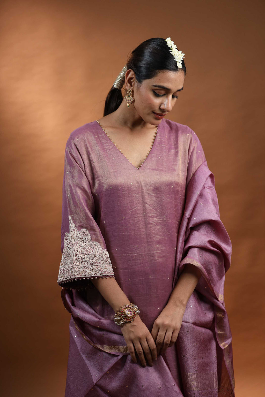 Plum Silk Kurti Set with Silver Embroidery & Beaded Detailing