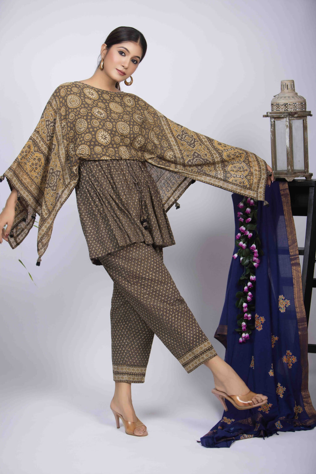 Dusty Yellow Ajrakh Co-Ord Set with Geometric Motifs and Peplum Top