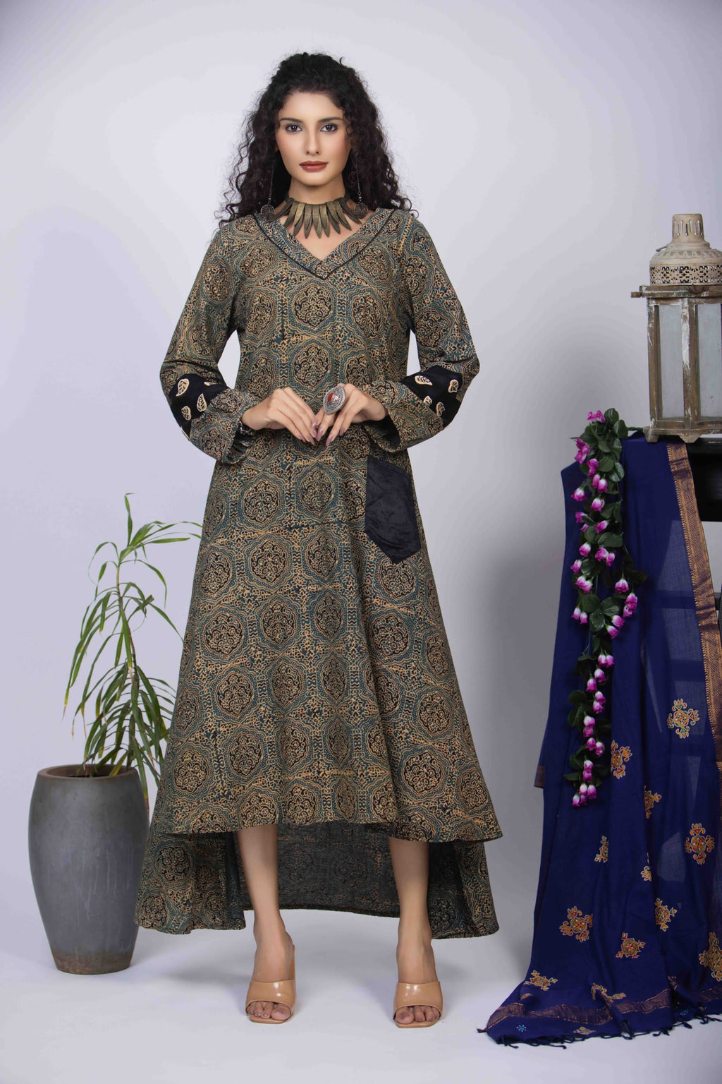 Dusty Green High-Low Dress with Ajrakh Block Print & Embroidered Sleeves