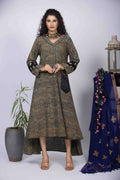 Dusty Green High-Low Dress with Ajrakh Block Print & Embroidered Sleeves